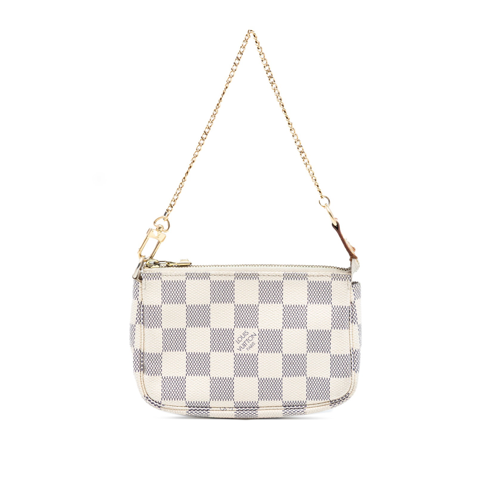 Louis Vuitton Mini Pouch in Damier Azur Canvas with Chain Strap: Louis Vuitton Mini Pouch in Damier Azur Canvas with Chain Strap This Louis Vuitton Mini Pochette Accessoires features the iconic Damier Azur canvas body, complemented by a chain link strap and a top z