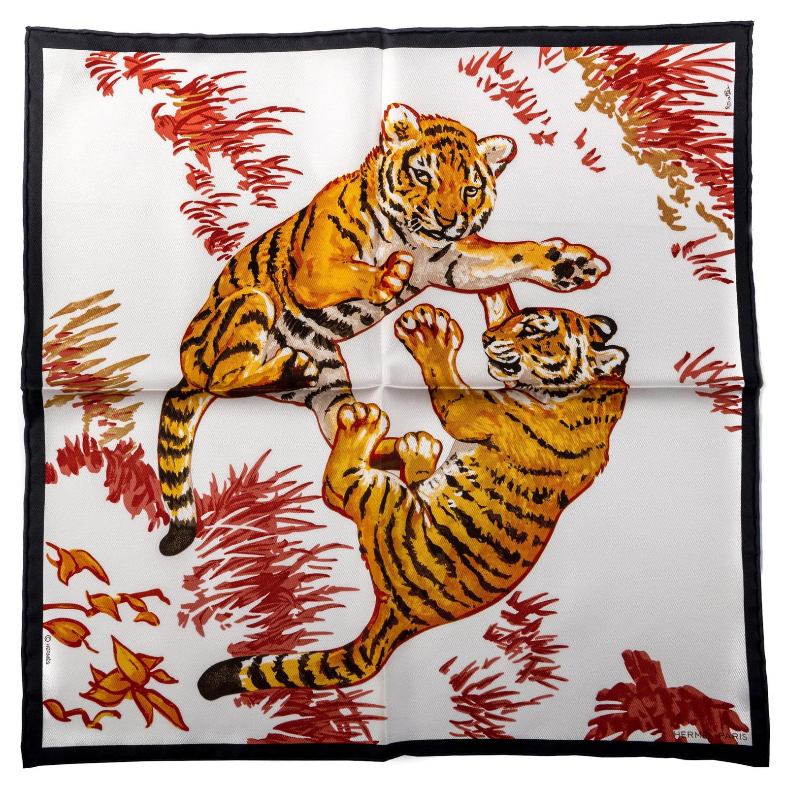 Hermes White Tiger Cubs Silk Small Scarf New in Box: Hermes White Tiger Cubs Silk Small Scarf New in Box This exquisite Hermes collectible scarf features a charming design of white tiger cubs set against a striking black and red background. Crafted from