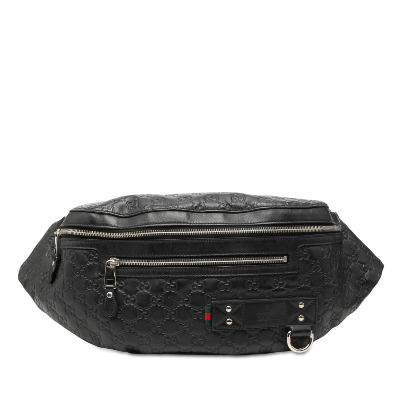 Gucci Guccissima Leather Black Belt Bag with Web Detail: Gucci Guccissima Leather Black Belt Bag with Web Detail This Gucci Guccissima Web Belt Bag features an embossed leather body in black, a flat waist strap with buckle closure, a zip-around closure, and