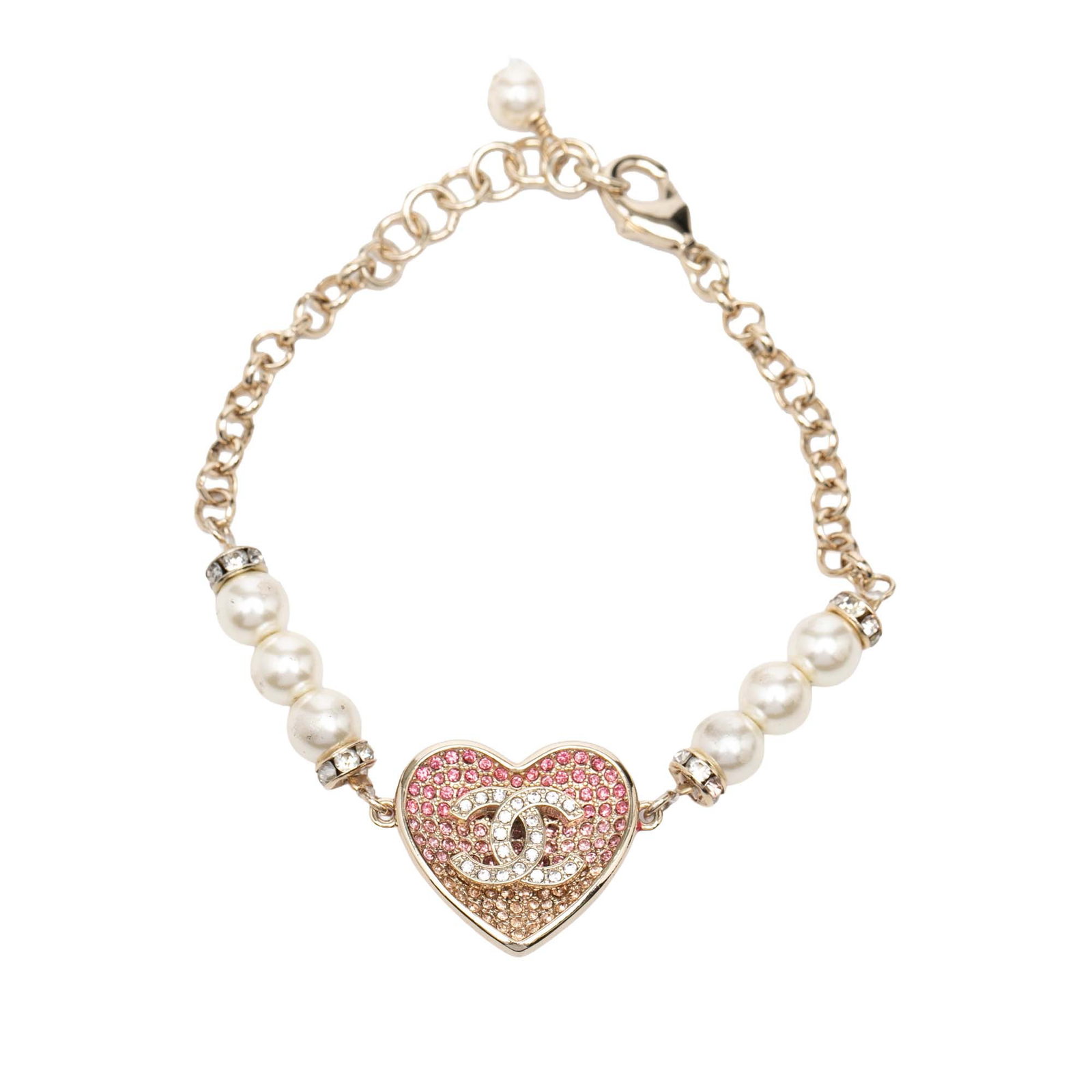 Chanel Heart Bracelet with Crystals Faux Pearls and Gold Plated Chain: Chanel Heart Bracelet with Crystals Faux Pearls and Gold Plated Chain This Chanel bracelet showcases a gold plated chain adorned with resin, crystals, and faux pearls, and is finished with a lobster c