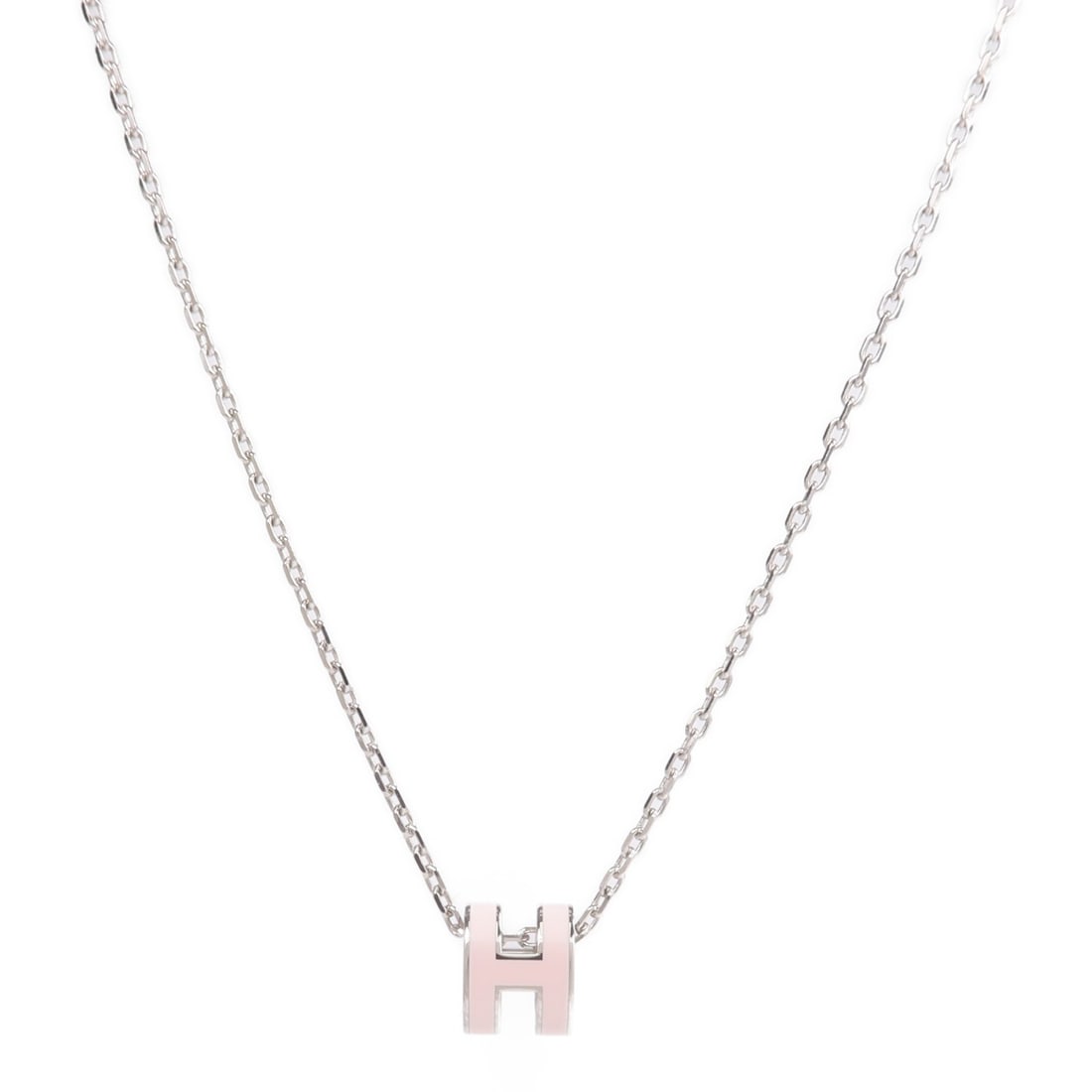 Hermes Mini Pop H Pink Metal Necklace: Hermes Mini Pop H Pink Metal Necklace This Hermes Mini Pop H necklace features a delicate design in a pink hue known as Rose Dragee. Crafted from metal, the necklace is designed for women and does not