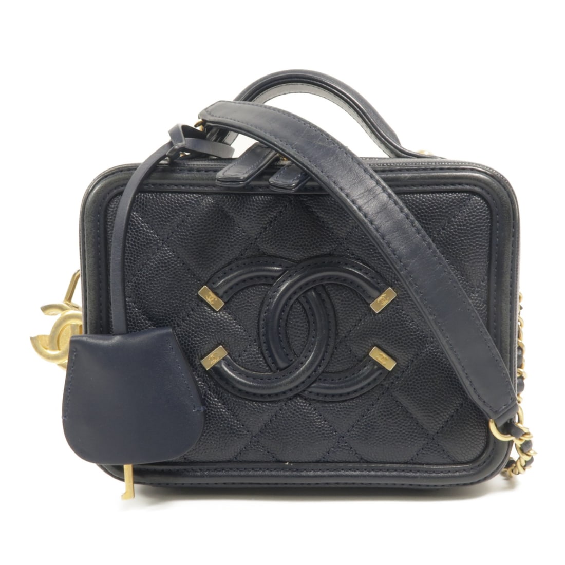 CHANEL Vanty Case Blue Crochet 2 Way Shoulder Bag Calfskin GHW: CHANEL Vanty Case Blue Crochet 2 Way Shoulder Bag Calfskin GHW This Chanel CC small vanity case is crafted from luxurious blue calfskin leather and features gold-tone hardware. Designed for versatilit