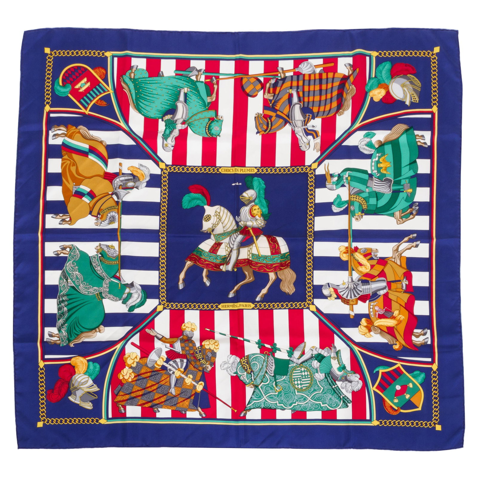 Hermes Chocs en Plumes Navy Silk Scarf 35 in with Gold Chain Detail: Hermes Chocs en Plumes Navy Silk Scarf 35 in with Gold Chain Detail This exquisite Hermes Chocs en Plumes scarf showcases a stunning navy silk twill fabric adorned with a gold chain and color block st