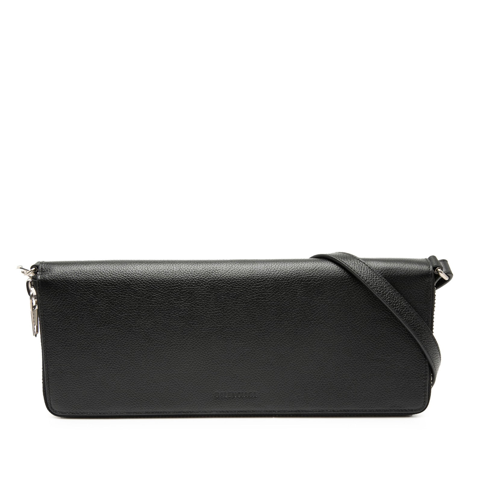Balenciaga Black Leather Shoulder Bag with Detachable Strap: Balenciaga Black Leather Shoulder Bag with Detachable Strap This Balenciaga Leather Leash Clutch is crafted from black leather and features a flat strap, a detachable flat leather strap, a zip-around 