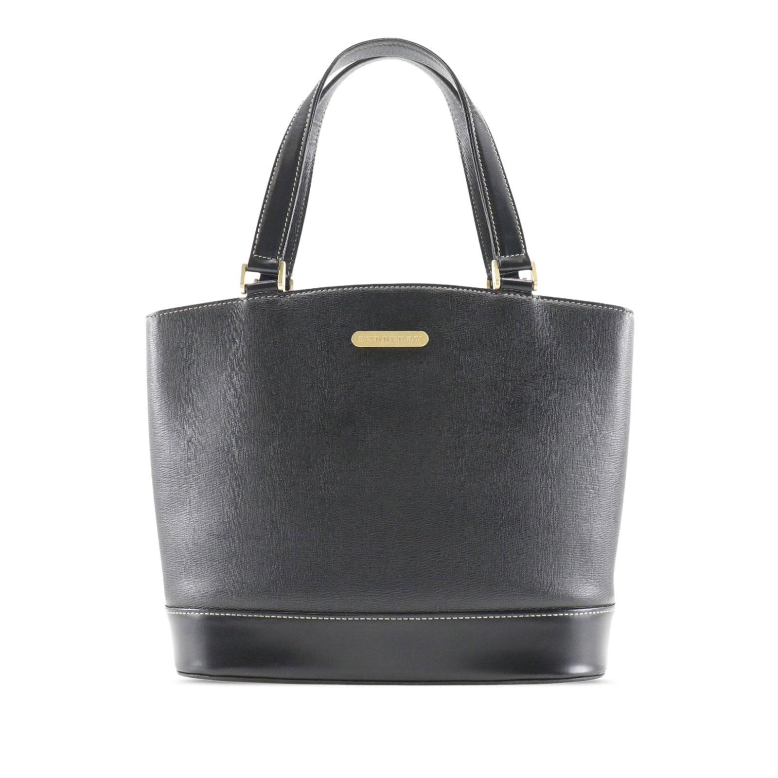 Black Leather Tote Bag by Burberry with Zip Compartment: Black Leather Tote Bag by Burberry with Zip Compartment This Burberry tote bag features a black leather body with flat leather handles and an open top. It is designed with a zip compartment, as well a