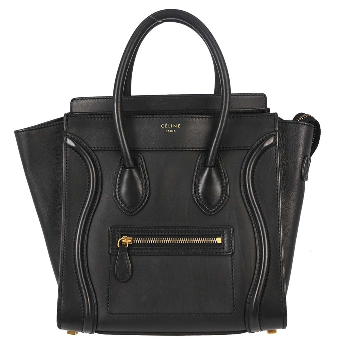 CELINE black leather micro tote top handle bag: CELINE black leather micro tote top handle bag This Celine Black Luggage Micro Tote Handbag features a classic top handle design crafted in leather. It has a medium size profile with a zip closure, ma