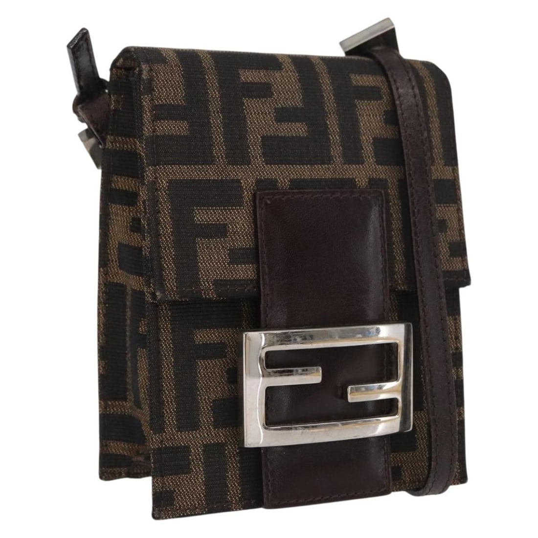 Fendi Zucca Canvas Shoulder Bag in Black Brown and Silver with Dust Bag: Fendi Zucca Canvas Shoulder Bag in Black Brown and Silver with Dust Bag This FENDI Zucca canvas shoulder bag features a distinctive black, brown, and silver color scheme. Crafted in Italy, the bag off