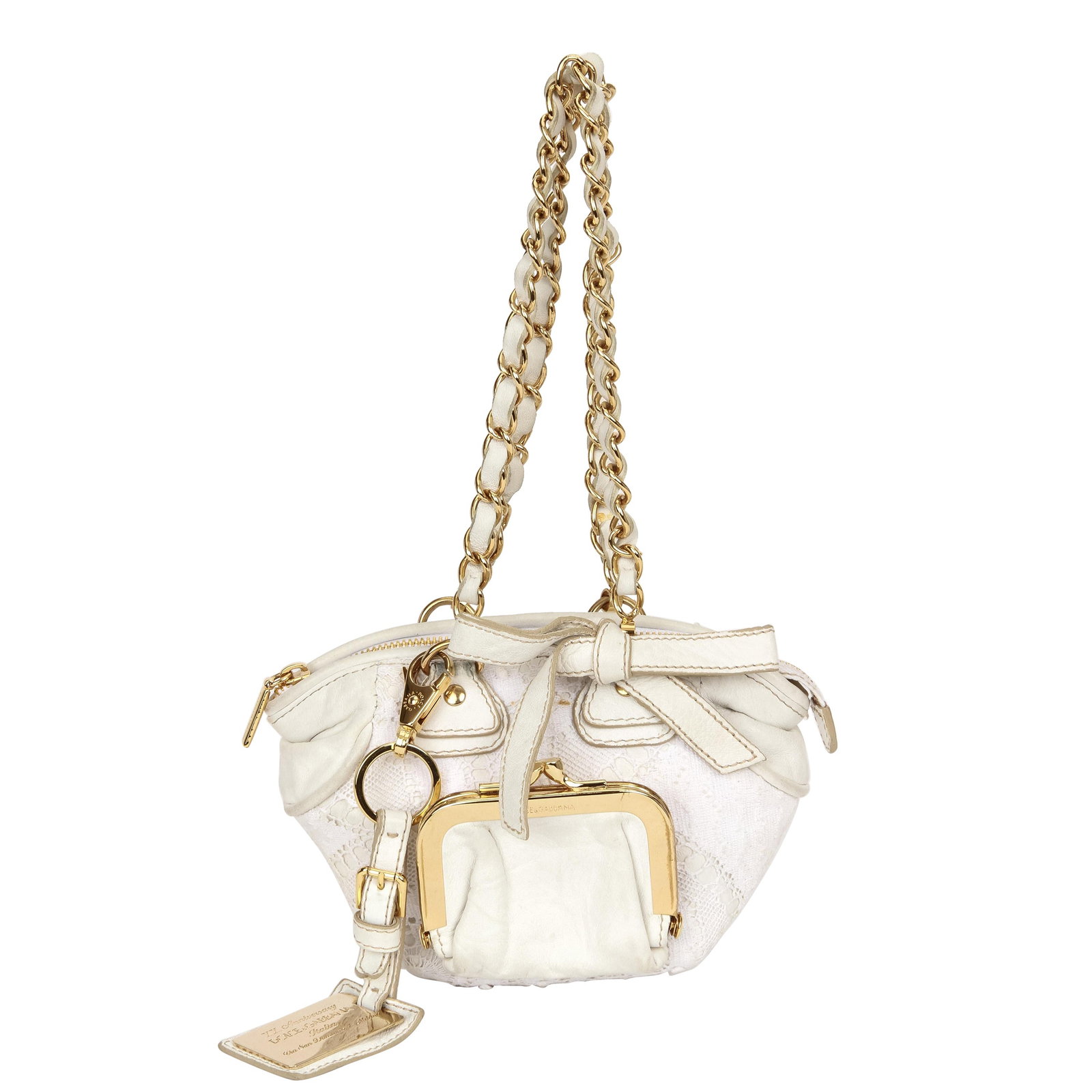 Dolce & Gabbana 20th Anniversary Mini White Bag with Gold Hardware: Dolce & Gabbana 20th Anniversary Mini White Bag with Gold Hardware Celebrate style with this Dolce & Gabbana 20th Anniversary Mini White Bag, a limited edition piece that showcases the brand's iconic 