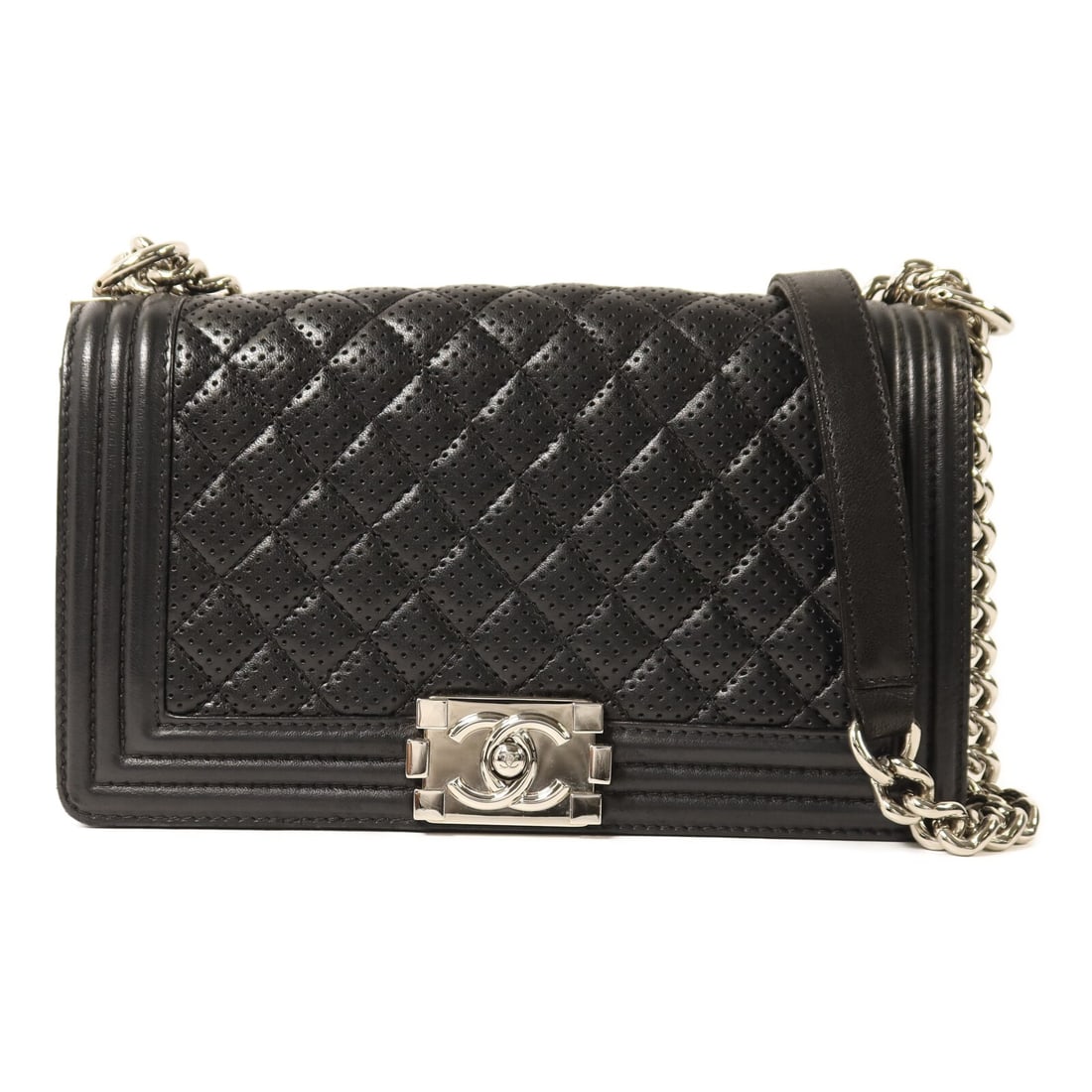 Black Lambskin CHANEL Boy 25 Chain Shoulder Bag with Silver Hardware: Black Lambskin CHANEL Boy 25 Chain Shoulder Bag with Silver Hardware This CHANEL Boy 25 chain shoulder bag is crafted from black lambskin leather and features signature CC details with silver-tone har