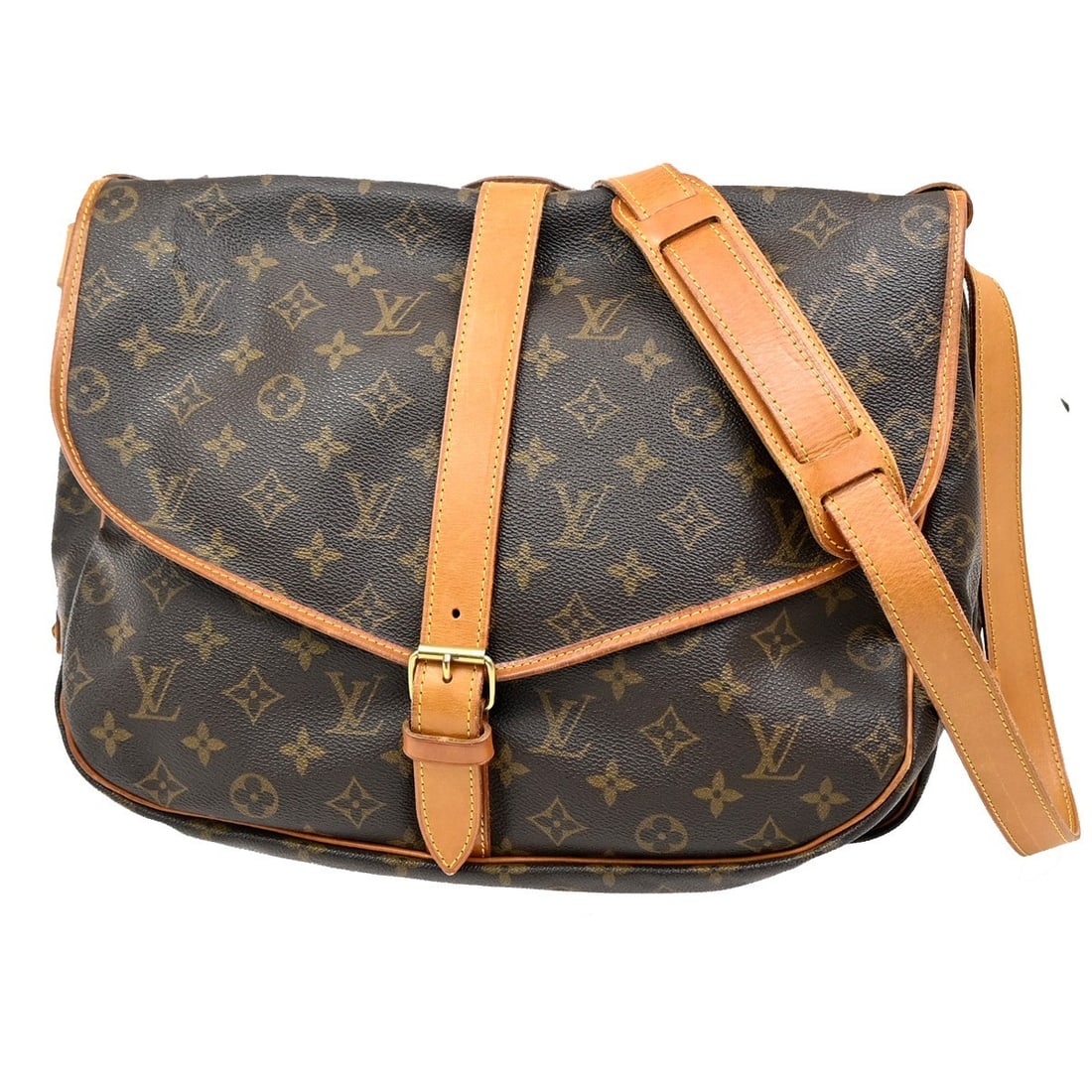 Louis Vuitton Saumur Brown Canvas Shoulder Bag 35x26x24cm: Louis Vuitton Saumur Brown Canvas Shoulder Bag 35x26x24cm Louis Vuitton Saumur handbag crafted from brown monogram canvas designed for women. This pre-owned piece features a classic saddlebag shape wi