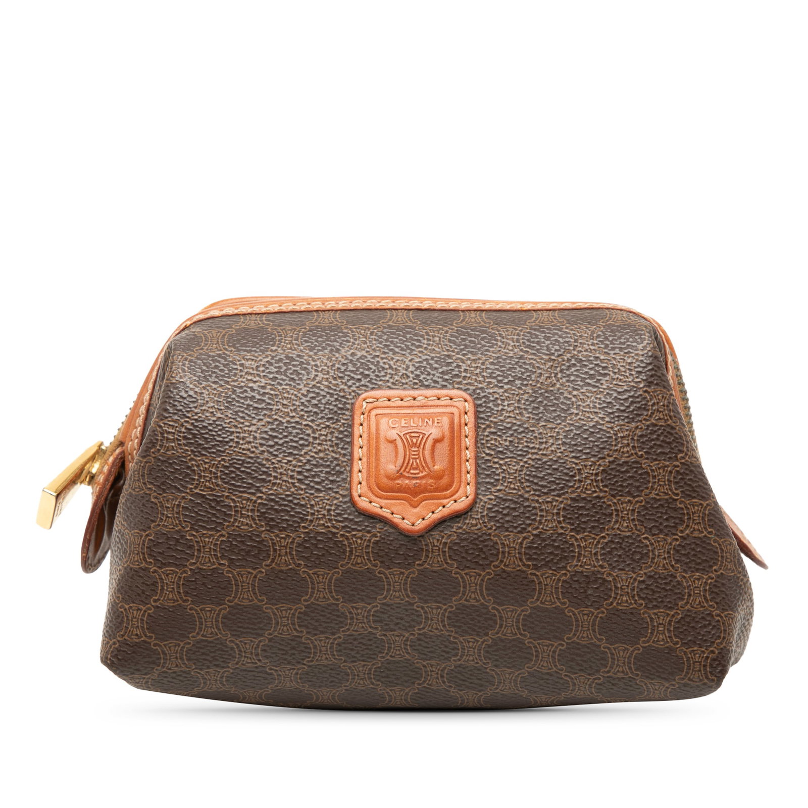 Celine brown coated canvas leather trim zip clutch pouch: Celine brown coated canvas leather trim zip clutch pouch This Celine Macadam pouch is crafted from coated canvas with leather trim and features a top zip closure and an interior slip pocket. The pouch