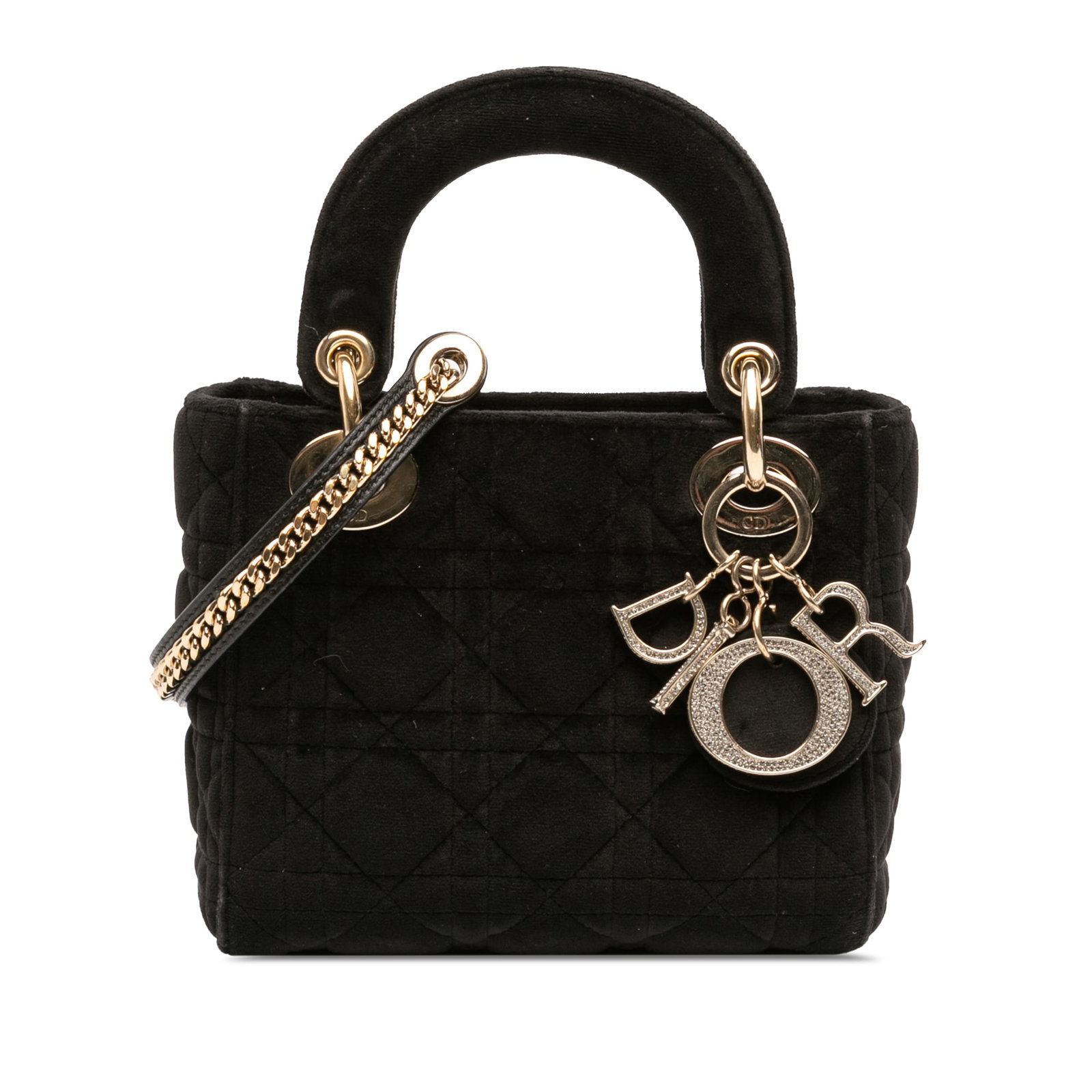 Dior Lady Dior Mini Black Quilted Velvet Handbag with Chain Strap: Dior Lady Dior Mini Black Quilted Velvet Handbag with Chain Strap This Lady Dior bag features a quilted velvet body in black, flat top handles, a detachable chain link strap with a leather shoulder gu