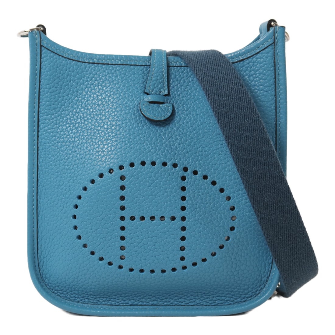 Hermes Evelyne TPM Bleu Paon Clemence Leather Shoulder Bag with Palladium Hardware: Hermes Evelyne TPM Bleu Paon Clemence Leather Shoulder Bag with Palladium Hardware This Hermes Evelyne TPM shoulder bag is crafted from Clemence leather in a striking blue shade. Designed for women, i