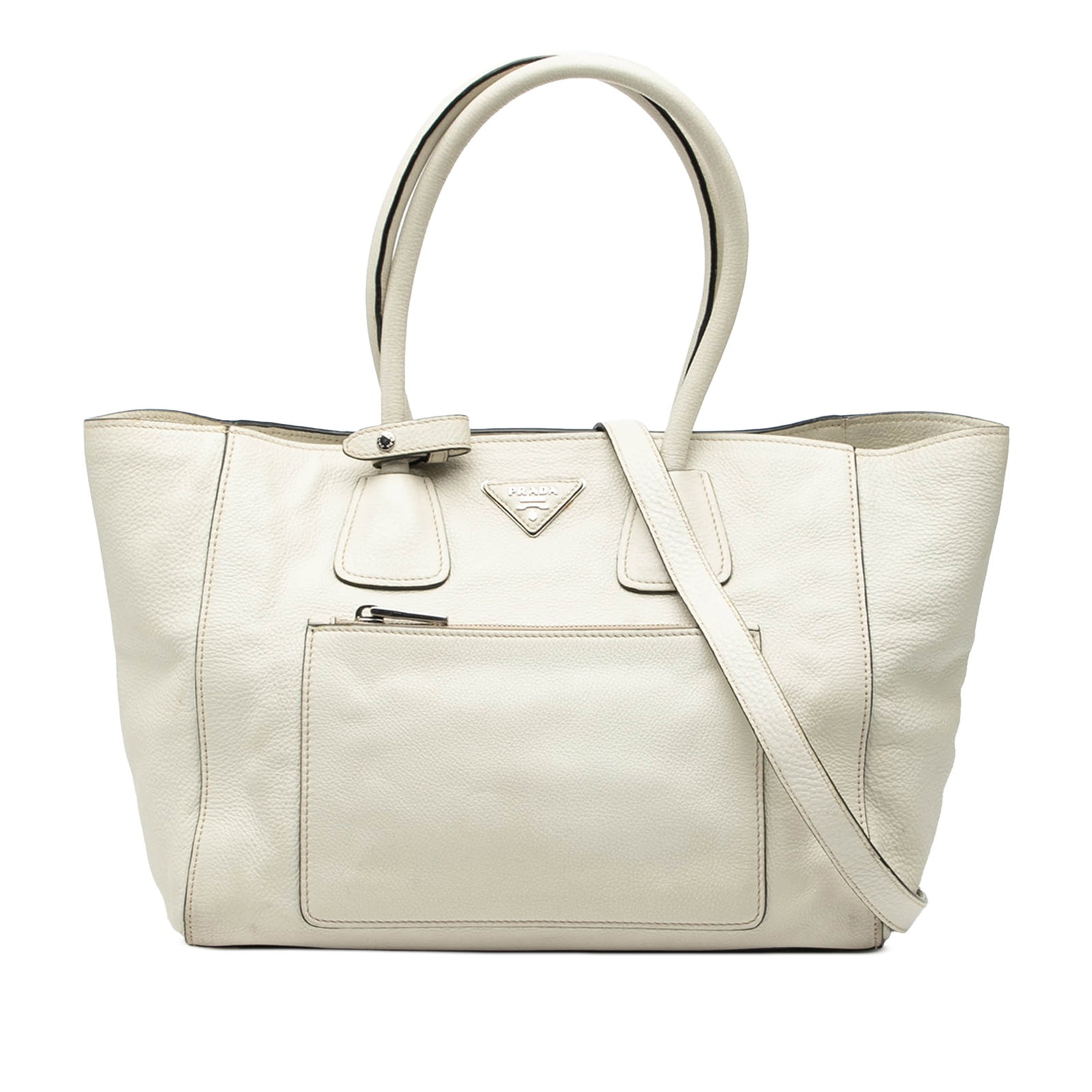 Prada Vitello Daino Convertible Leather Tote with Front Zip Pocket: Prada Vitello Daino Convertible Leather Tote with Front Zip Pocket This Prada Vitello Daino Front Pocket Open Convertible Tote is crafted from white leather and features rolled leather handles, a deta