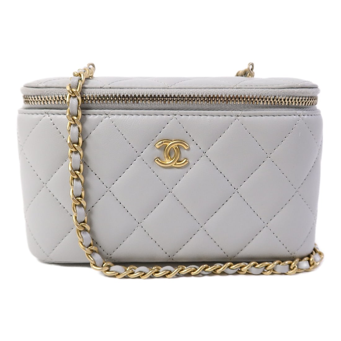 CHANEL Vanity Case Lambskin Chain Shoulder Bag GHW Light Grey AP2303: CHANEL Vanity Case Lambskin Chain Shoulder Bag GHW Light Grey AP2303 This CHANEL CC vanity case is crafted from luxurious lambskin leather in a light grey color. Designed as a chain shoulder bag, it f