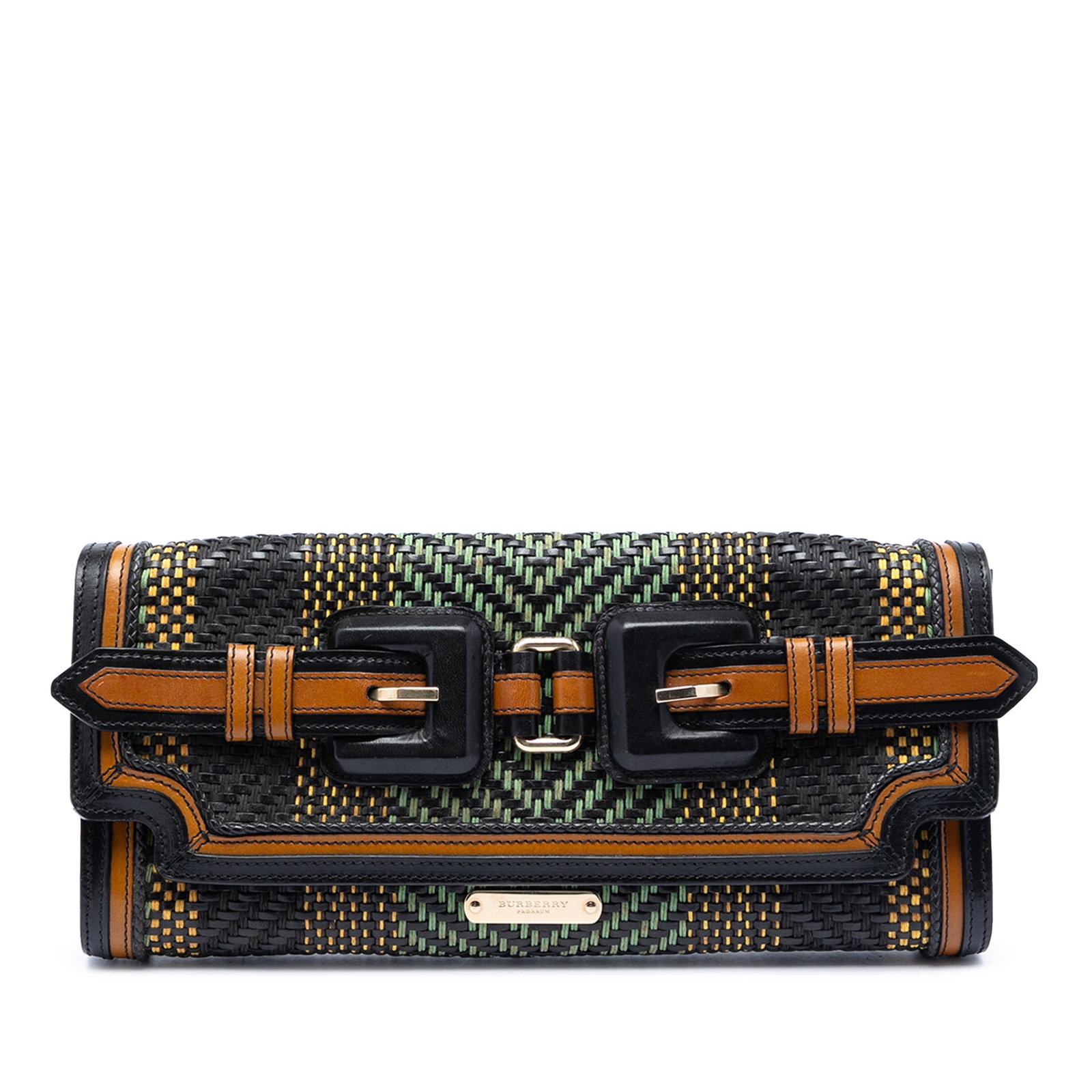 Burberry Prorsum Black Woven Buffalo Leather Clutch Bag: Burberry Prorsum Black Woven Buffalo Leather Clutch Bag This Burberry Prorsum clutch features a sophisticated woven buffalo leather and cotton exterior in black, complemented by a front flap with a ma