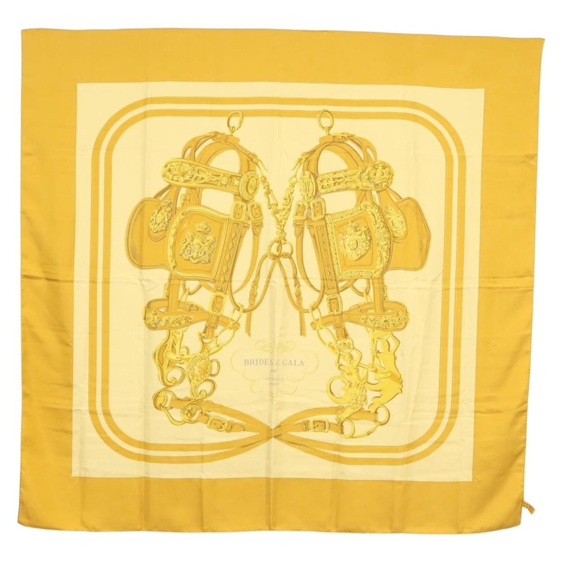 HERMES Brides de Gala 140 Silk Scarf Gold Authentic: HERMES Brides de Gala 140 Silk Scarf Gold Authentic This exquisite HERMES Carre 140 Scarf, titled "BRIDES de GALA," showcases a stunning gold color crafted from high-quality silk. The scarf, made in F