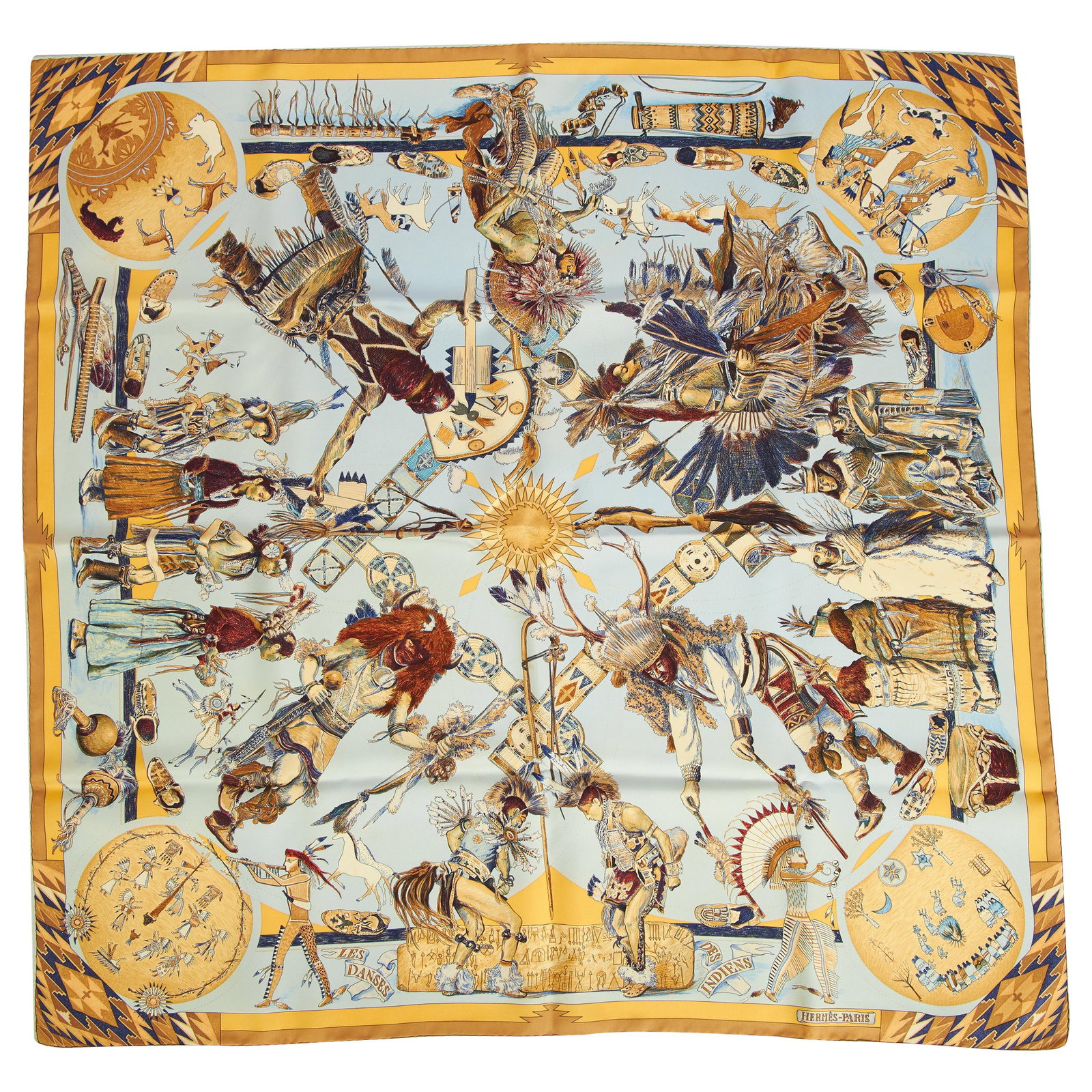 Hermes Dances des Indiennes Silk Twill Scarf 35 in New in Box: Hermes Dances des Indiennes Silk Twill Scarf 35 in New in Box Discover the elegance of the Hermes Dances des Indiennes Silk Twill Scarf, designed by Kermit Oliver. This exquisite scarf features hand-r
