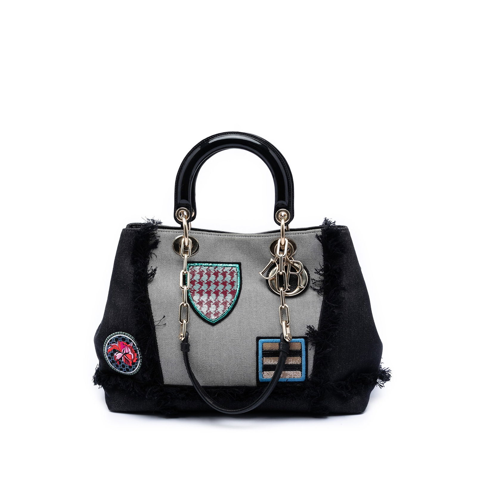 Dior D Light Denim Patch Satchel Bag: Dior D Light Denim Patch Satchel Bag This Dior Denim Patch D Light Satchel features a denim fabric body with rolled leather handles and chain-link shoulder straps with a leather guard. The bag has an 