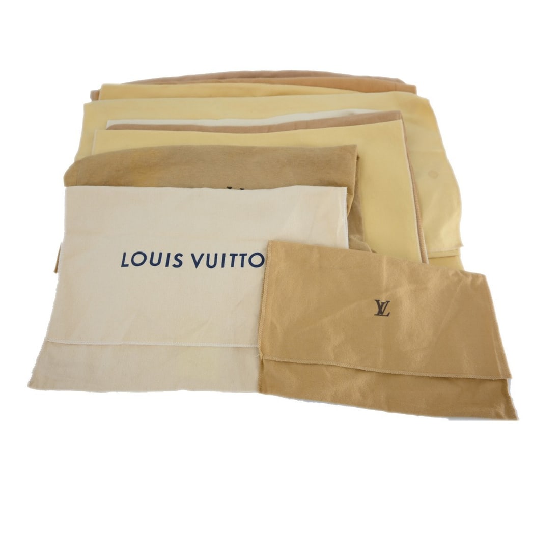 Louis Vuitton brown cotton dustbags set of 10: Louis Vuitton brown cotton dustbags set of 10 This is a set of 10 Louis Vuitton dust bags in brown and beige, crafted from 100% cotton. Designed for unisex use, these dust bags provide practical prote