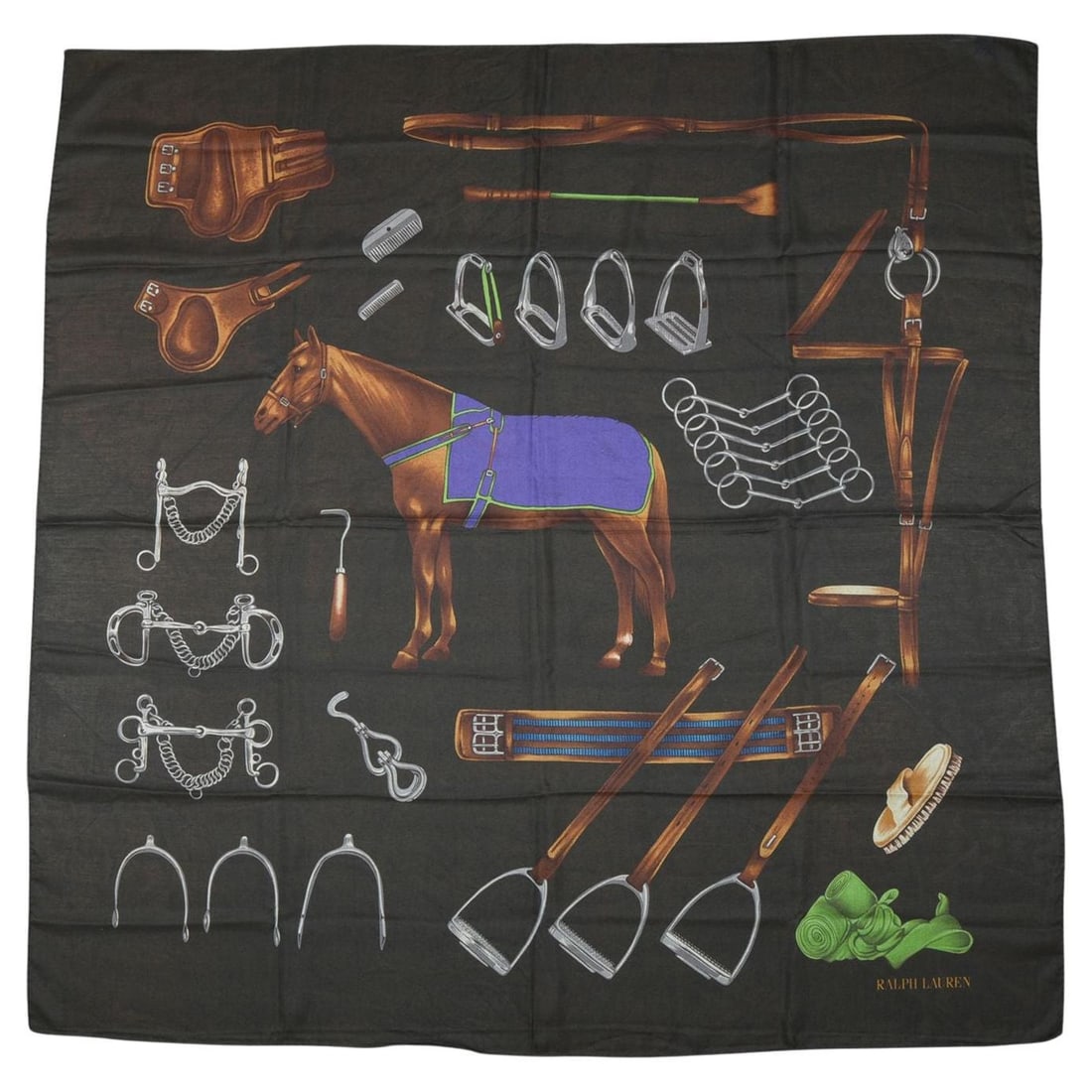 Ralph Lauren Black Horse Motif Silk Cashmere Blend Shawl 52 Inch Square: Ralph Lauren Black Horse Motif Silk Cashmere Blend Shawl 52 Inch Square Ralph Lauren equestrian shawl crafted from a cashmere and silk blend, featuring a black background with a distinctive horse and 