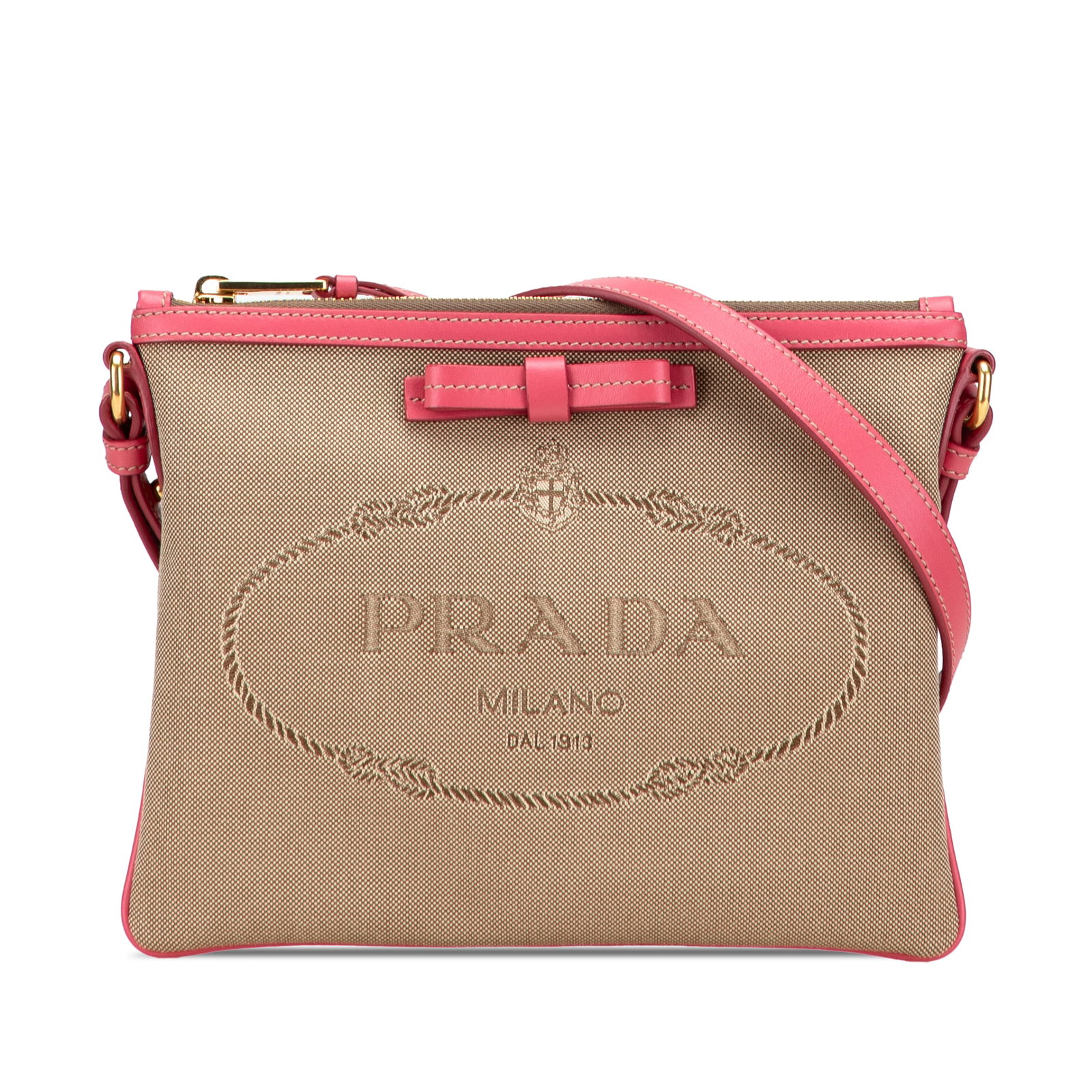 Prada Canvas Canapa Logo Bow Crossbody Bag Italy: Prada Canvas Canapa Logo Bow Crossbody Bag Italy This Prada Canvas Canapa Logo Bow Crossbody bag showcases a stylish canvas body complemented by leather trim. It features an adjustable flat leather st