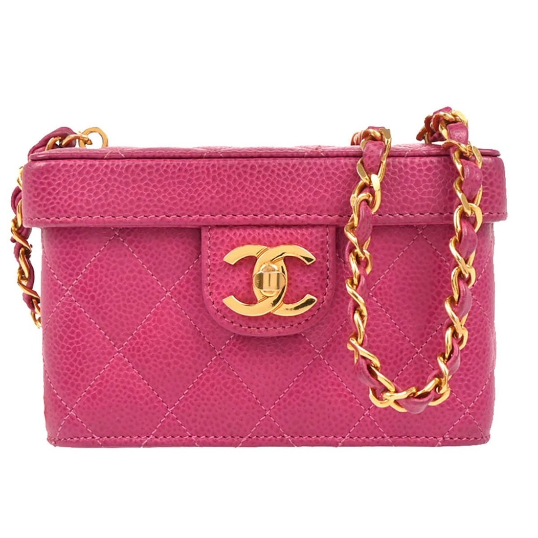 Chanel Pink Calfskin Shoulder Vanity Bag: Chanel Pink Calfskin Shoulder Vanity Bag This Chanel vanity shoulder bag is crafted from pink calfskin leather and features a compact, small silhouette. Designed for women, the bag offers a stylish an