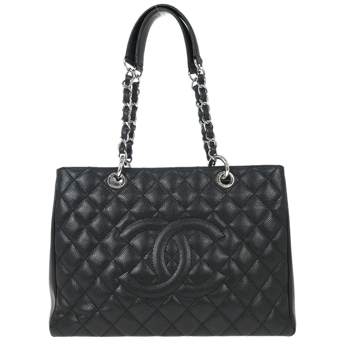 CHANEL GST black calfskin tote with chain handles: CHANEL GST black calfskin tote with chain handles This Chanel Grand Shopping Tote (GST) is crafted from black calfskin leather and features the iconic chain handles and logo accent. Designed in a larg