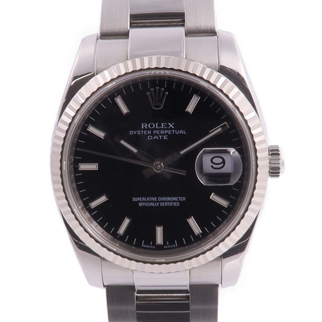 Rolex Date 115234 Automatic White Gold Mens Wristwatch Black Dial: Rolex Date 115234 Automatic White Gold Mens Wristwatch Black Dial This ROLEX Oyster Perpetual Date 115234 is a sophisticated men's wristwatch crafted in 18K white gold with a black dial and matching b