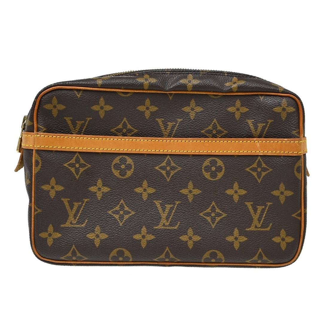 Louis Vuitton Monogram Compiegne 23 Leather Clutch Bag: Louis Vuitton Monogram Compiegne 23 Leather Clutch Bag This Louis Vuitton Compiegne 23 clutch bag features the iconic Monogram canvas exterior with brown leather accents and gold-tone hardware. Design