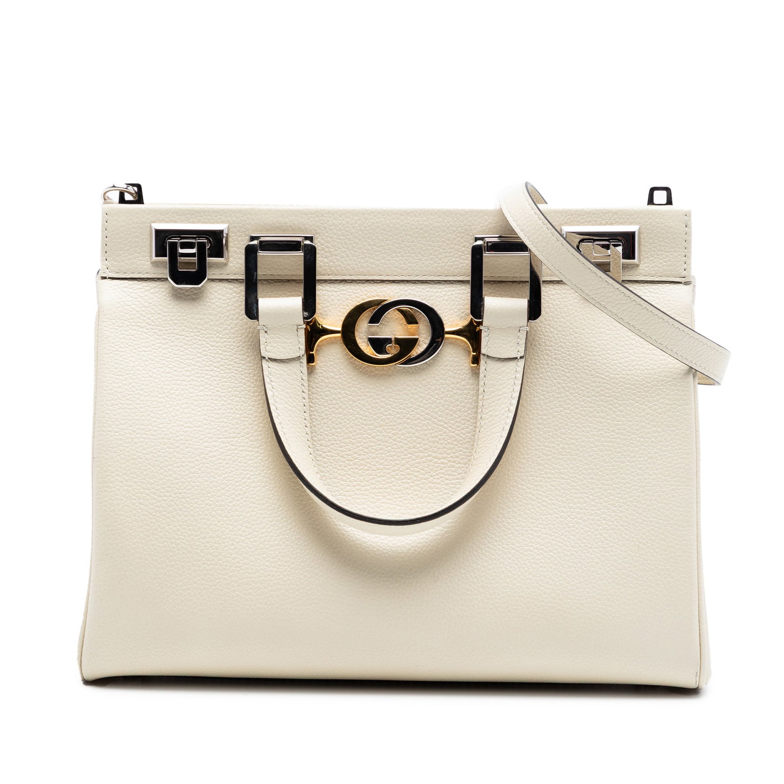 Gucci Zumi White Leather Satchel Top Handle Bag: Gucci Zumi White Leather Satchel Top Handle Bag This Gucci Zumi Small Top Handle Bag is crafted from grained calfskin leather in a white finish. The satchel features flat leather handles, a detachable