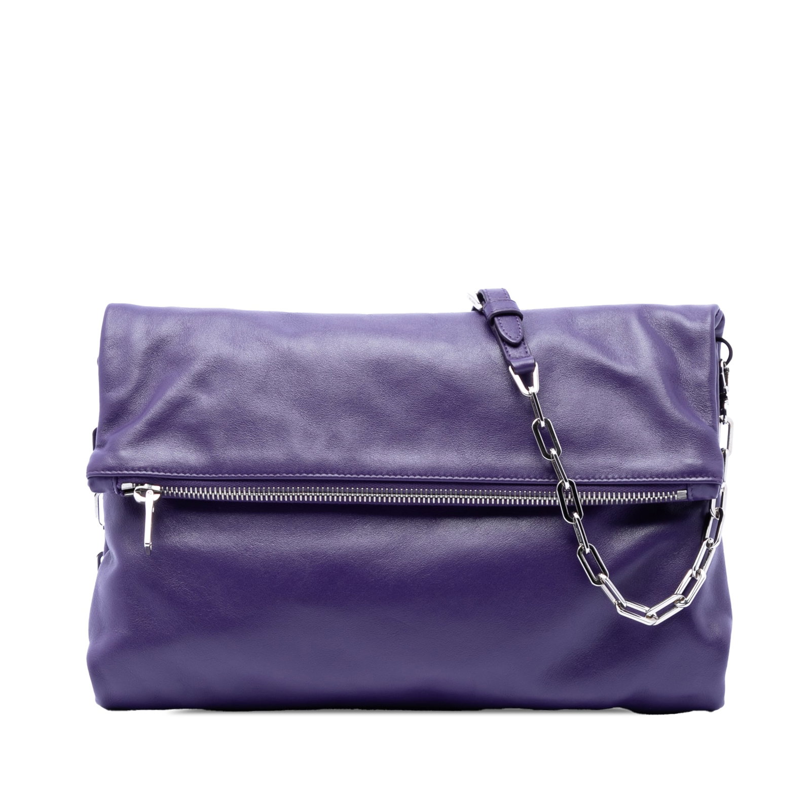 Prada purple leather foldover chain strap shoulder bag: Prada purple leather foldover chain strap shoulder bag This Prada Soft Calf Fold Over Shoulder Bag is crafted from purple leather and features a chain link and adjustable flat leather shoulder strap. 