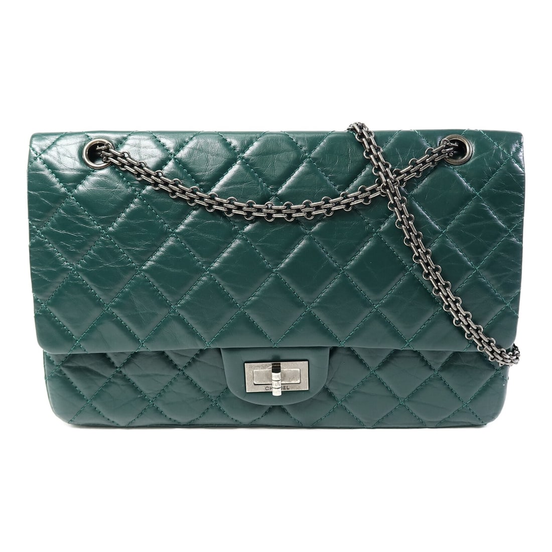 Green Calfskin 2.55 Jumbo Shoulder Bag by CHANEL with Silver Hardware (1 of 14)