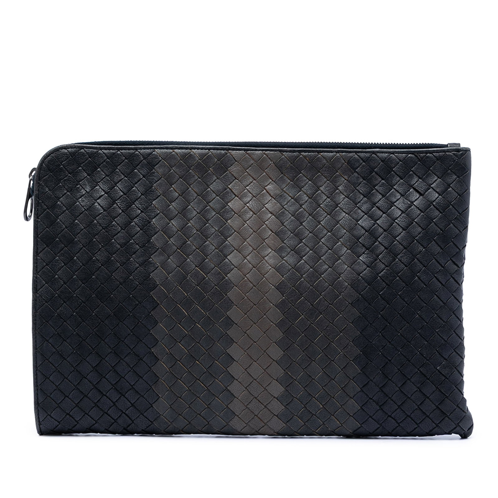 Tricolor Intrecciato Leather Clutch by Bottega Veneta: Tricolor Intrecciato Leather Clutch by Bottega Veneta This Bottega Veneta Tricolor Nappa Intrecciato Clutch features a woven leather exterior, a top zip closure, and interior slip pockets. The clutch 