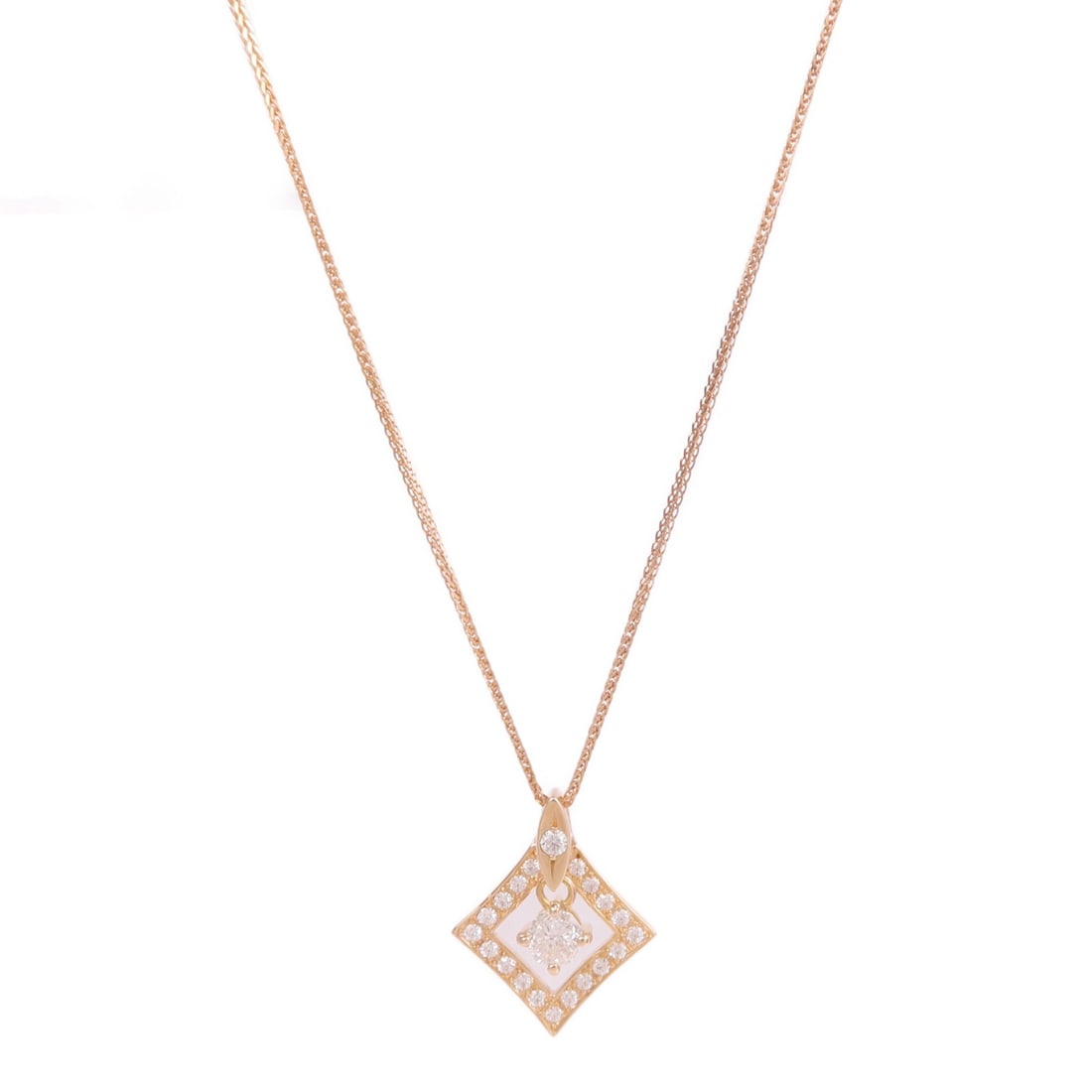 Diamond Pendant Necklace in 18K Rose Gold for Women: Diamond Pendant Necklace in 18K Rose Gold for Women This elegant women's necklace features sparkling diamonds set in 18K pink (rose) gold, offering a sophisticated and timeless style. The piece is des