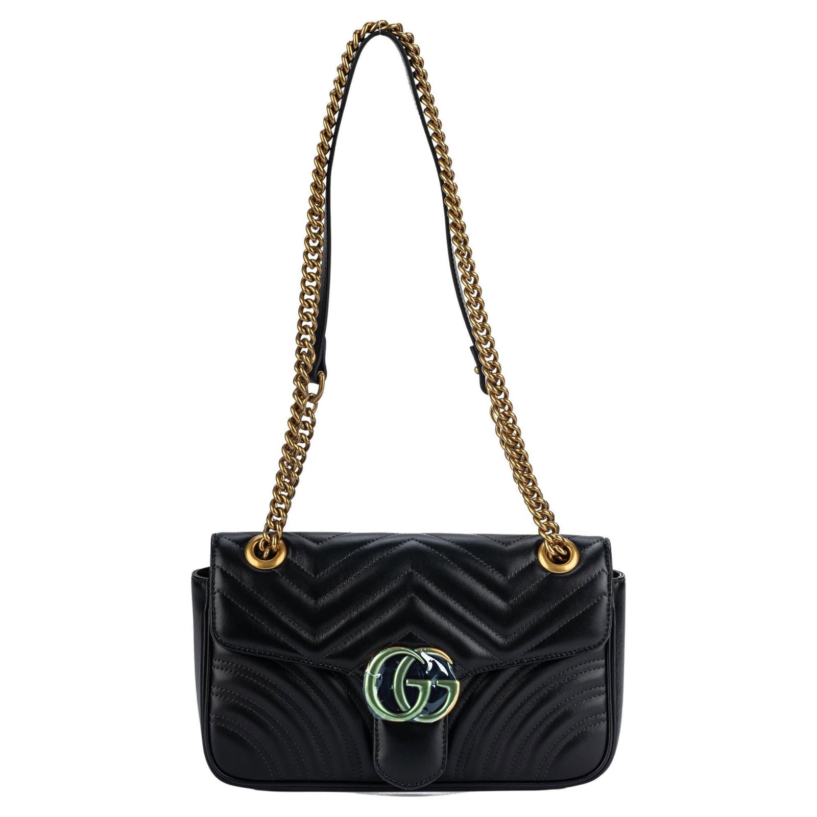 Gucci Marmont Small Black Leather Bag with Bronze Hardware: Gucci Marmont Small Black Leather Bag with Bronze Hardware This exquisite Gucci Marmont Small Bag is a luxurious accessory that embodies timeless elegance. Crafted from premium black leather, it featu