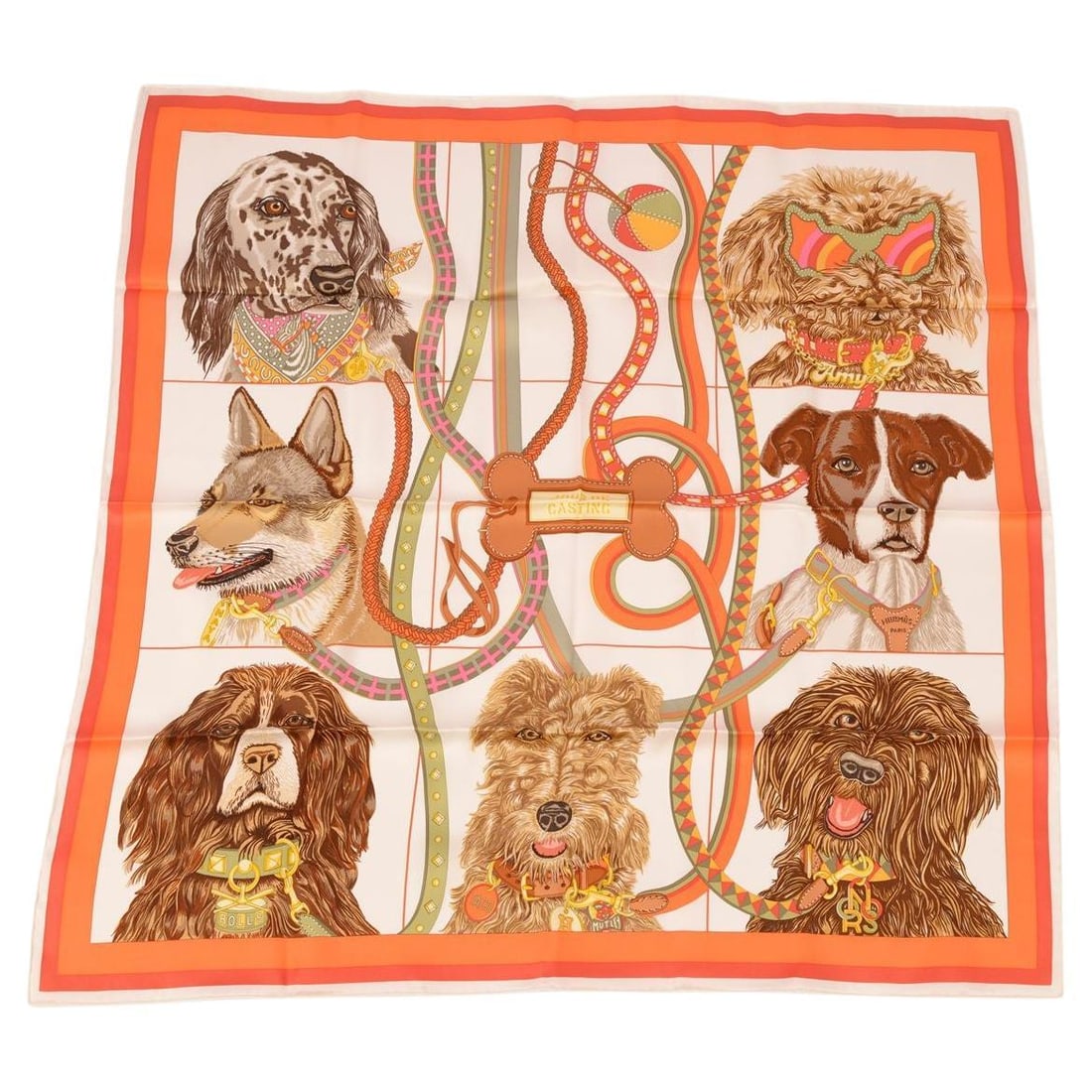 Hermes Jour de Casting silk scarf 26 inch by Liz Stirling with box: Hermes Jour de Casting silk scarf 26 inch by Liz Stirling with box This Hermes 'Jour de Casting' scarf is crafted from 100% silk and features hand-rolled edges. Designed by artist Liz Stirling, it sho