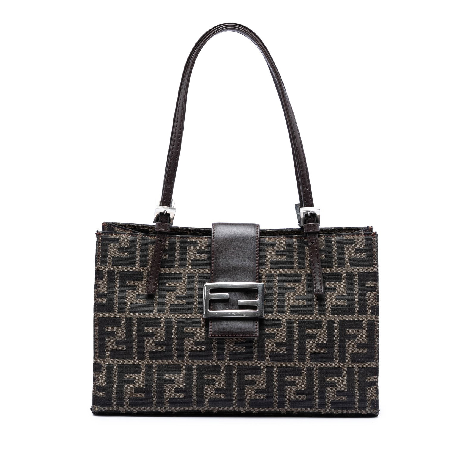 Zucca Canvas Fendi Brown Shoulder Bag: Zucca Canvas Fendi Brown Shoulder Bag This Fendi Zucca Canvas Shoulder Bag features a brown canvas body with flat leather straps. It has an open top secured with a flat strap and magnetic snap closure
