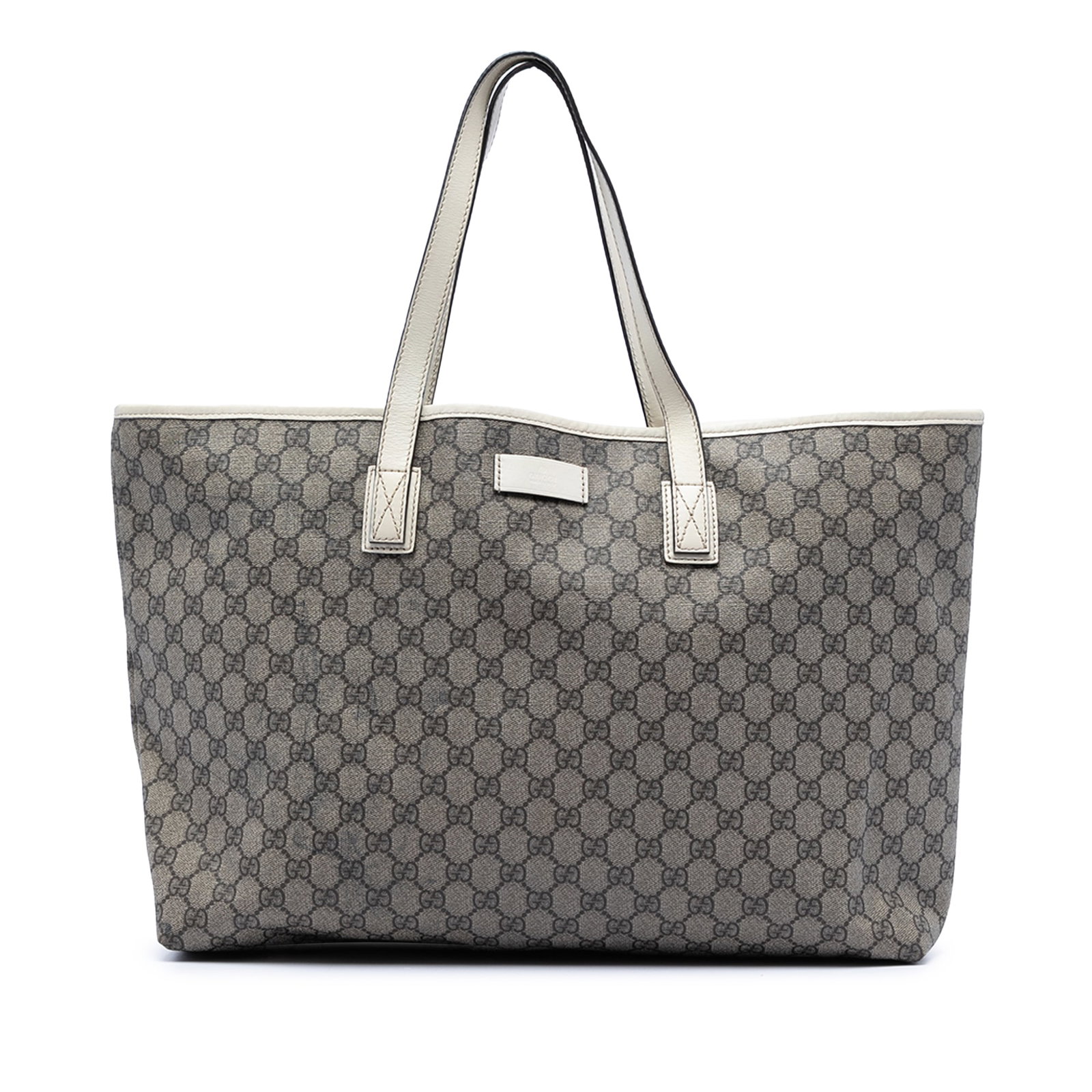 Gucci GG Supreme beige coated canvas tote with leather trim: Gucci GG Supreme beige coated canvas tote with leather trim This Gucci GG Supreme Tote features a beige coated canvas body with leather trim, flat leather straps, a top zip closure, and an interior sl