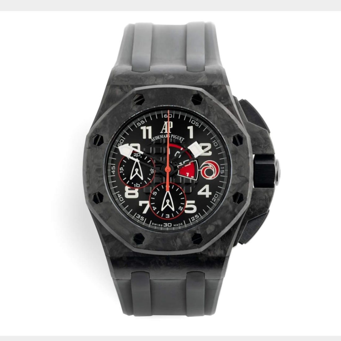 Audemars Piguet 44mm Royal Oak Offshore Alinghi Flyback Chronograph 26062FS.OO.A002CA: Audemars Piguet 44mm Royal Oak Offshore Alinghi Flyback Chronograph 26062FS.OO.A002CA This Audemars Piguet 44mm Royal Oak Offshore Alinghi Team Flyback Chronograph features a striking forged carbon ca