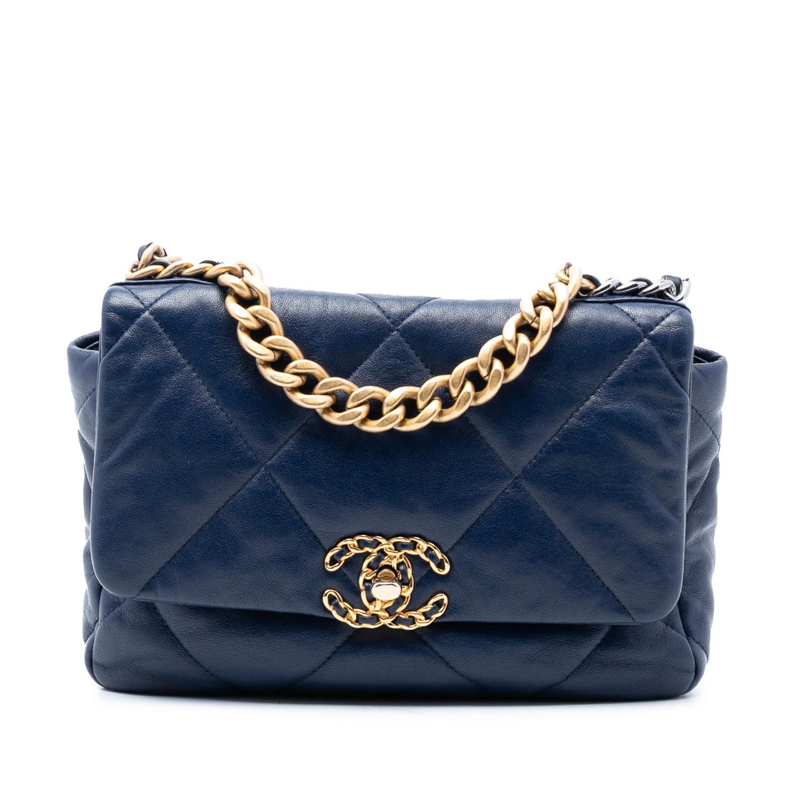 Chanel 19 Medium Blue Quilted Lambskin Flap Shoulder Bag: Chanel 19 Medium Blue Quilted Lambskin Flap Shoulder Bag This Chanel Medium Lambskin 19 Flap bag showcases a quilted lambskin leather exterior in blue, complemented by a gold-tone chain handle and a l