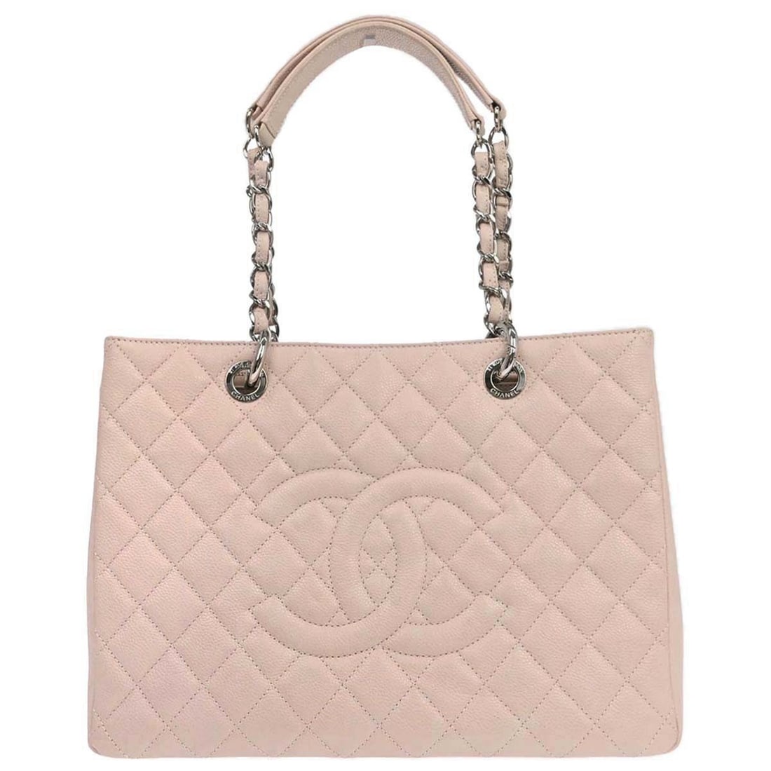 Chanel Pink Calfskin Chain Tote Handbag: Chanel Pink Calfskin Chain Tote Handbag This Chanel Grand Shopping Tote (GST) is crafted from light pink calfskin leather and features the iconic chain handles and logo accent. Designed in a large siz