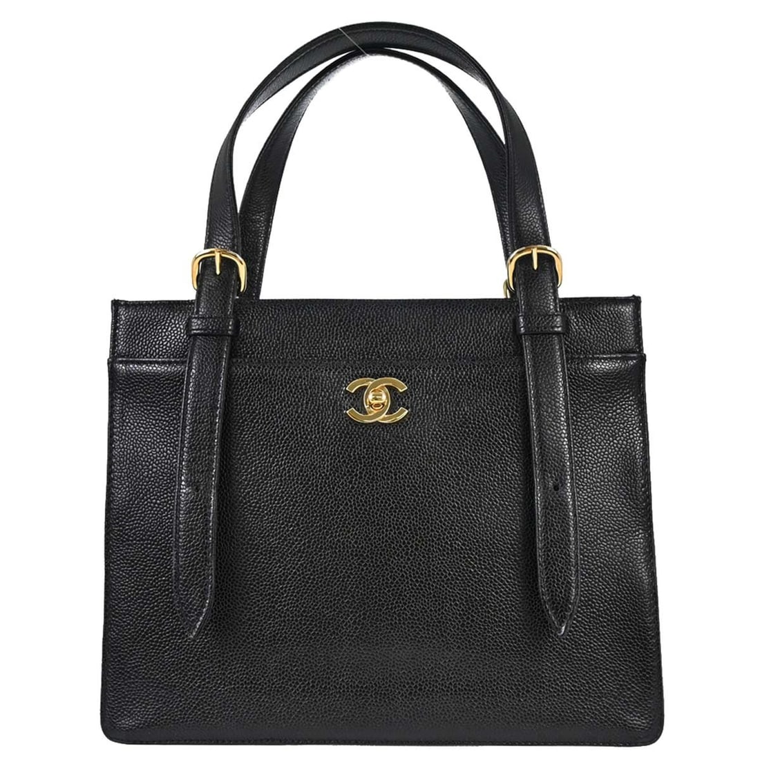 CHANEL Black Calfskin Leather Tote with Double Handles: CHANEL Black Calfskin Leather Tote with Double Handles This Chanel tote handbag is crafted from black calfskin leather and features the iconic logo accent. Designed with double handles and inner pocke