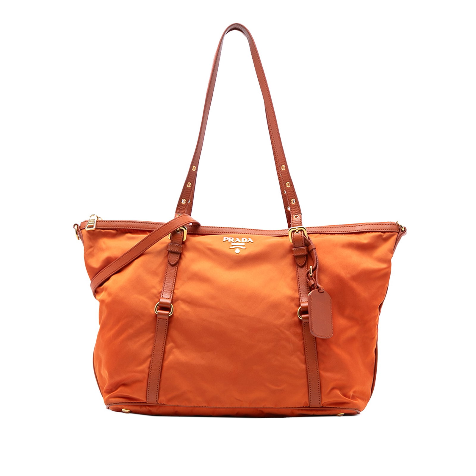 Orange Prada Tessuto Nylon Satchel with Saffiano Leather Accents: Orange Prada Tessuto Nylon Satchel with Saffiano Leather Accents This Prada Saffiano Trimmed Tessuto Satchel features an orange nylon body accented with saffiano leather trim. It includes adjustable a