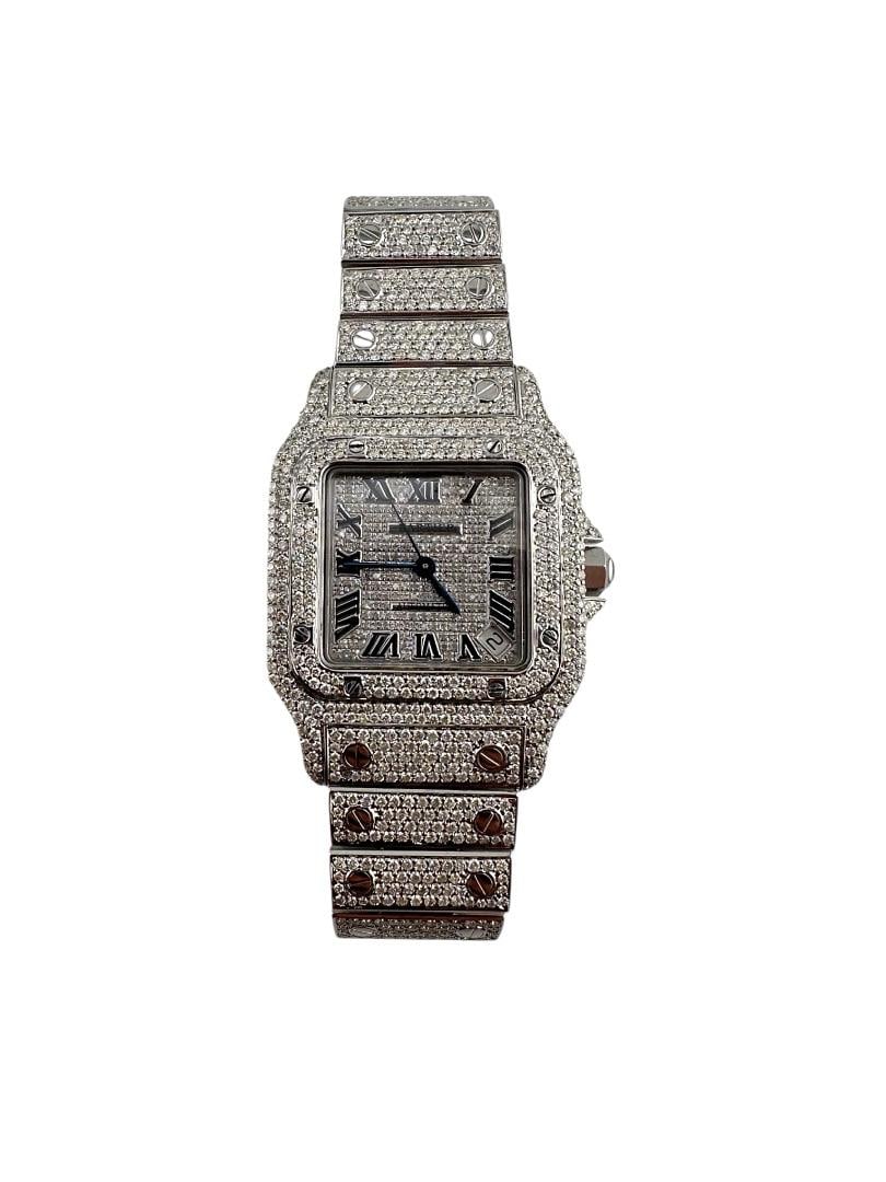 Ladies Cartier Santos Galbee Ref 2823 Diamond Dial and Bracelet with Papers: Ladies Cartier Santos Galbee Ref 2823 Diamond Dial and Bracelet with Papers This Cartier Santos Galbee features an iced out Roman numeral dial, a diamond bezel, and an iced out bracelet. The watch is 