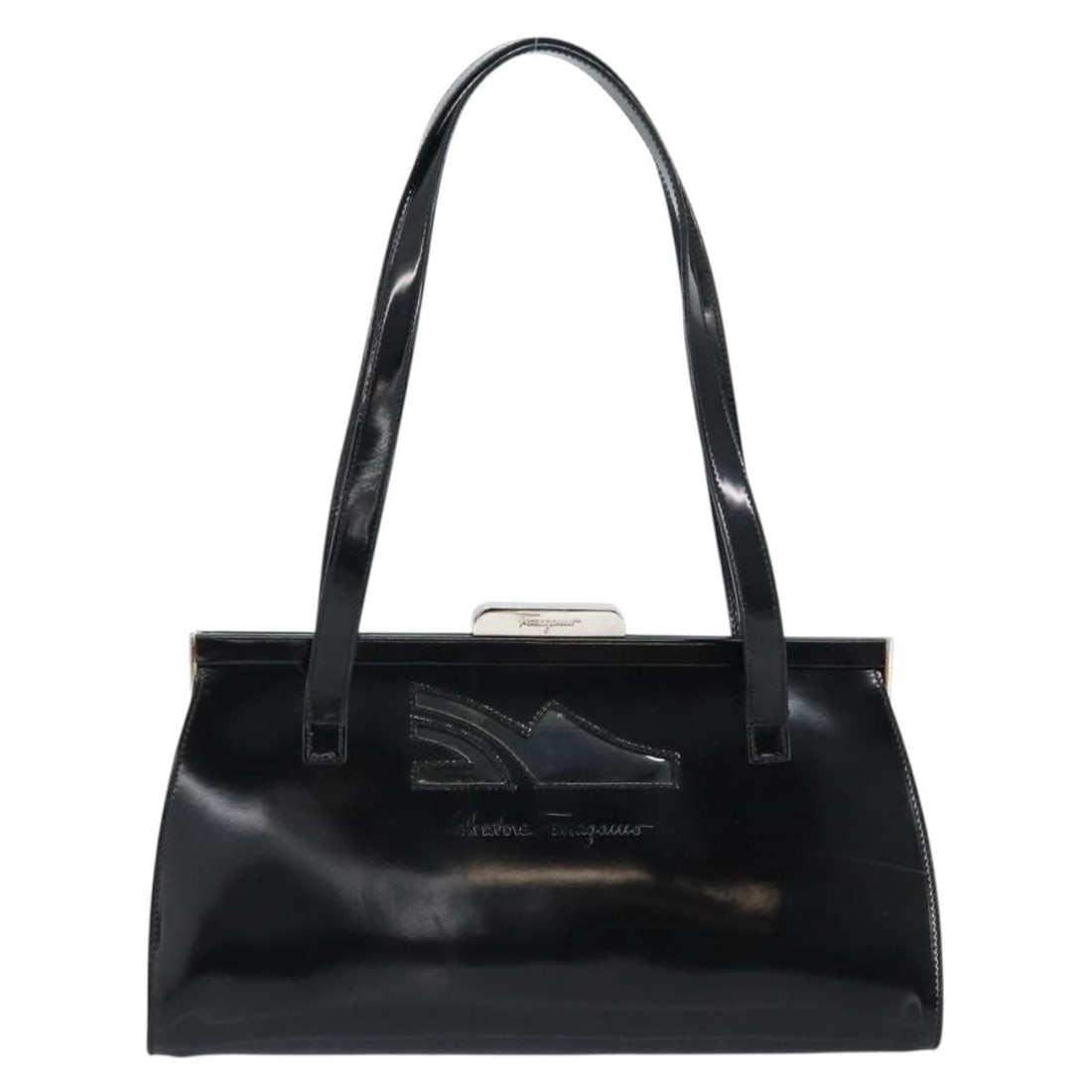 Salvatore Ferragamo Black Patent Leather Vintage Tote for Women: Salvatore Ferragamo Black Patent Leather Vintage Tote for Women This vintage Salvatore Ferragamo tote bag for women is crafted from black patent leather. It features a shoulder strap and offers a clas