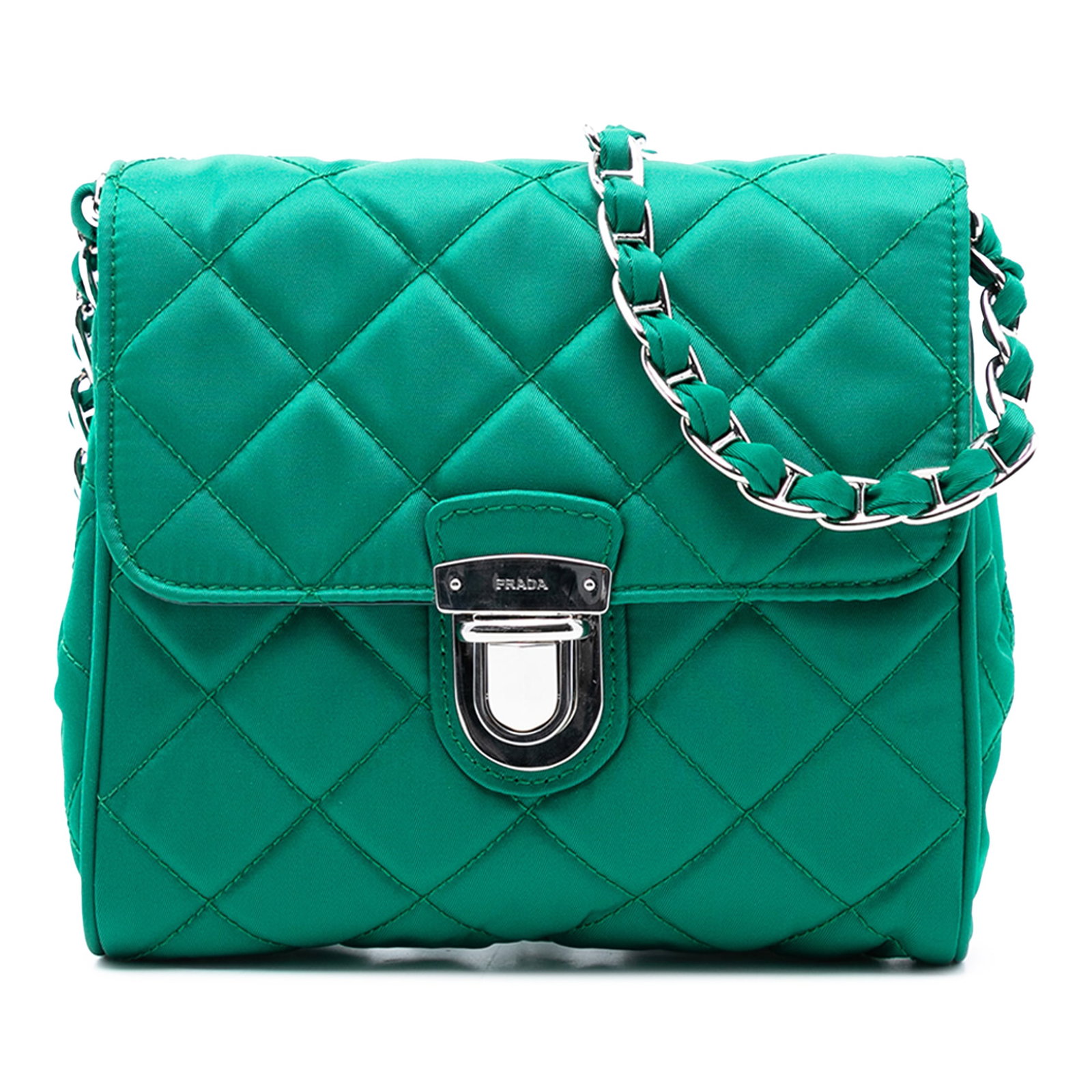 Green Prada Impuntu Tessuto Quilted Nylon Chain Strap Crossbody Bag: Green Prada Impuntu Tessuto Quilted Nylon Chain Strap Crossbody Bag This Prada Impuntu Tessuto Chain Crossbody bag features a quilted green nylon exterior, a woven chain link strap, a flap with push l