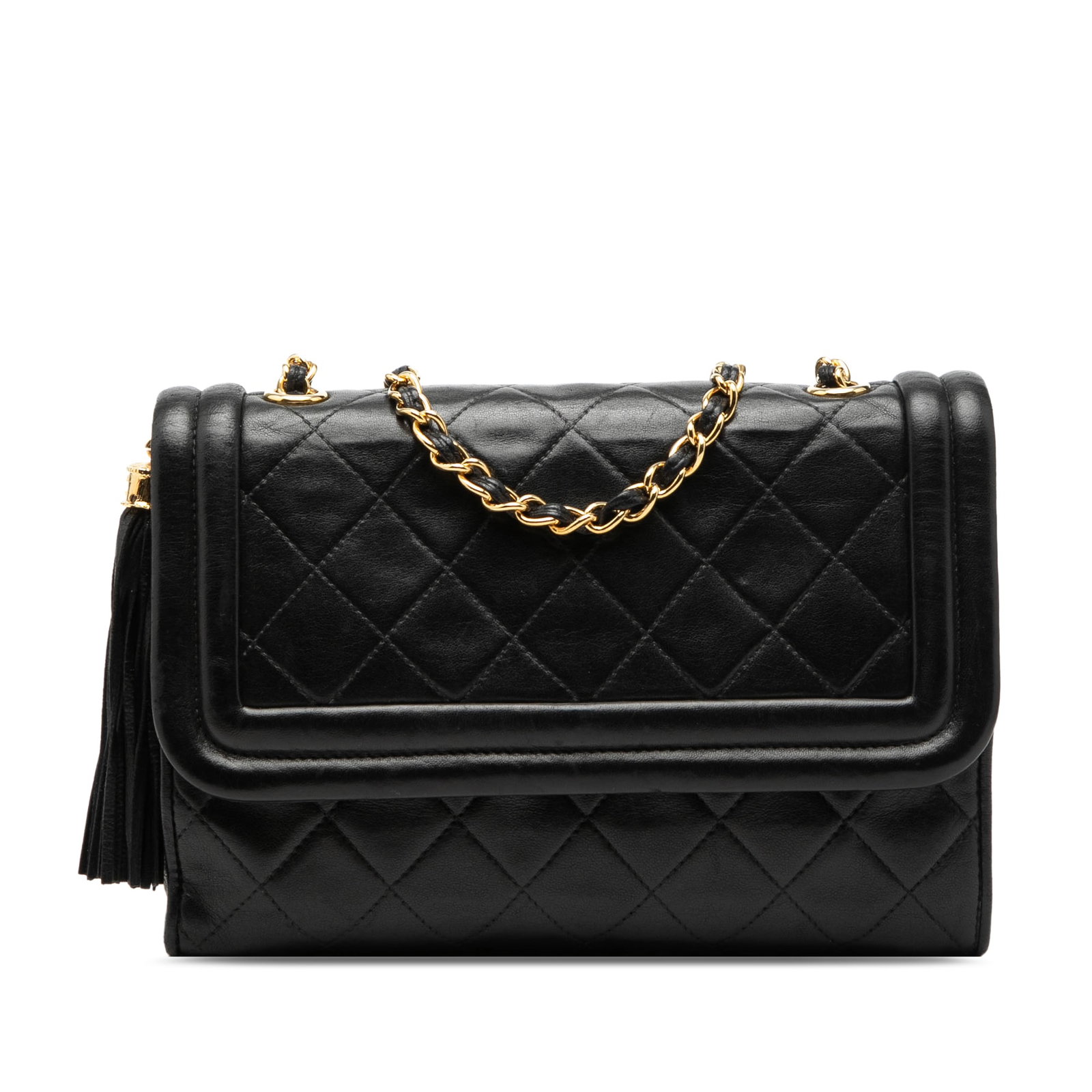 Chanel Quilted Lambskin Crossbody Tassel Flap Bag: Chanel Quilted Lambskin Crossbody Tassel Flap Bag This Chanel crossbody bag features a classic quilted lambskin leather exterior in black, complemented by a leather-woven chain link shoulder strap and