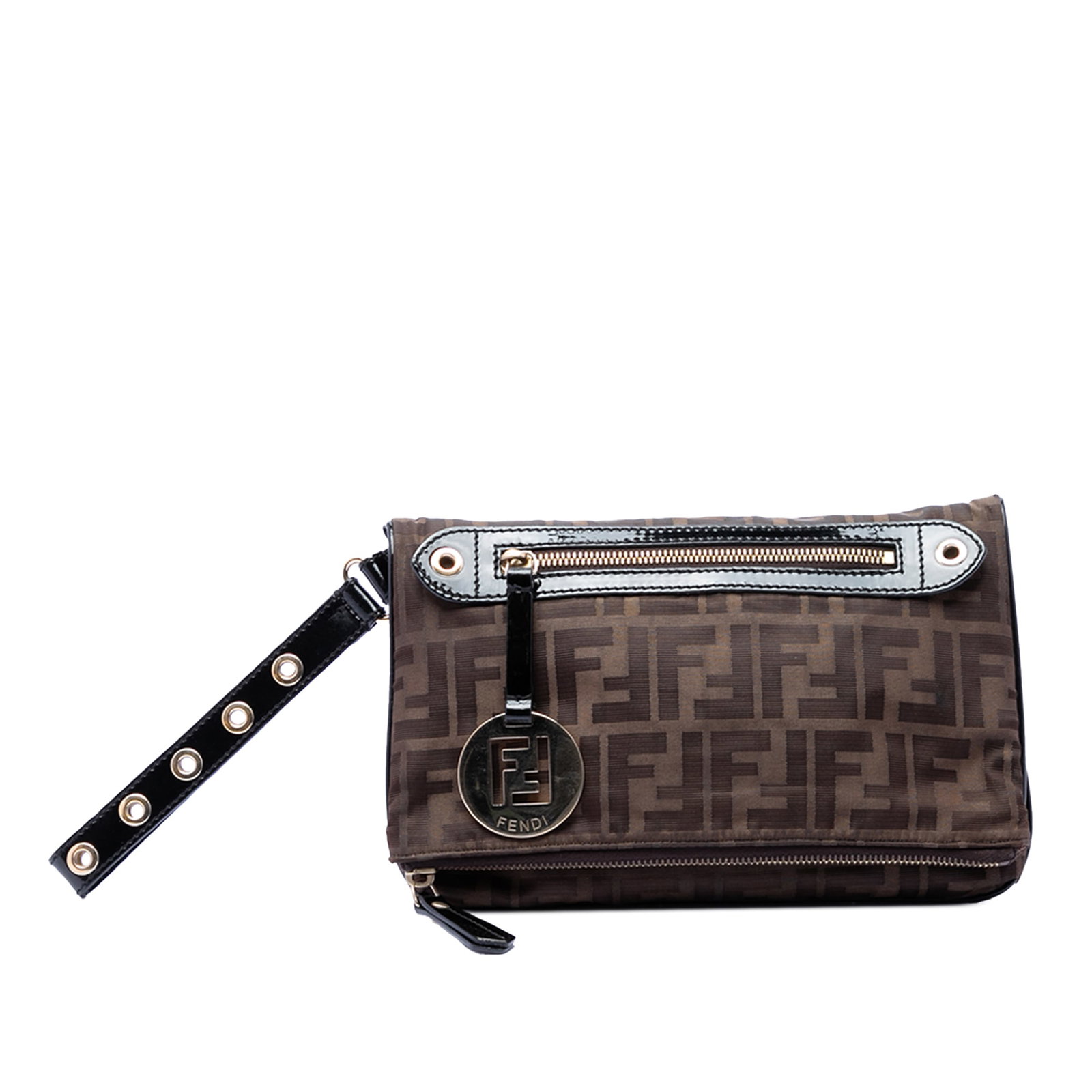 Fendi Zucca Canvas Wristlet Clutch with Leather Strap: Fendi Zucca Canvas Wristlet Clutch with Leather Strap This Fendi Zucca Canvas Flap Wristlet Clutch features a canvas body in brown with the signature Zucca print, a detachable flat leather wrist strap