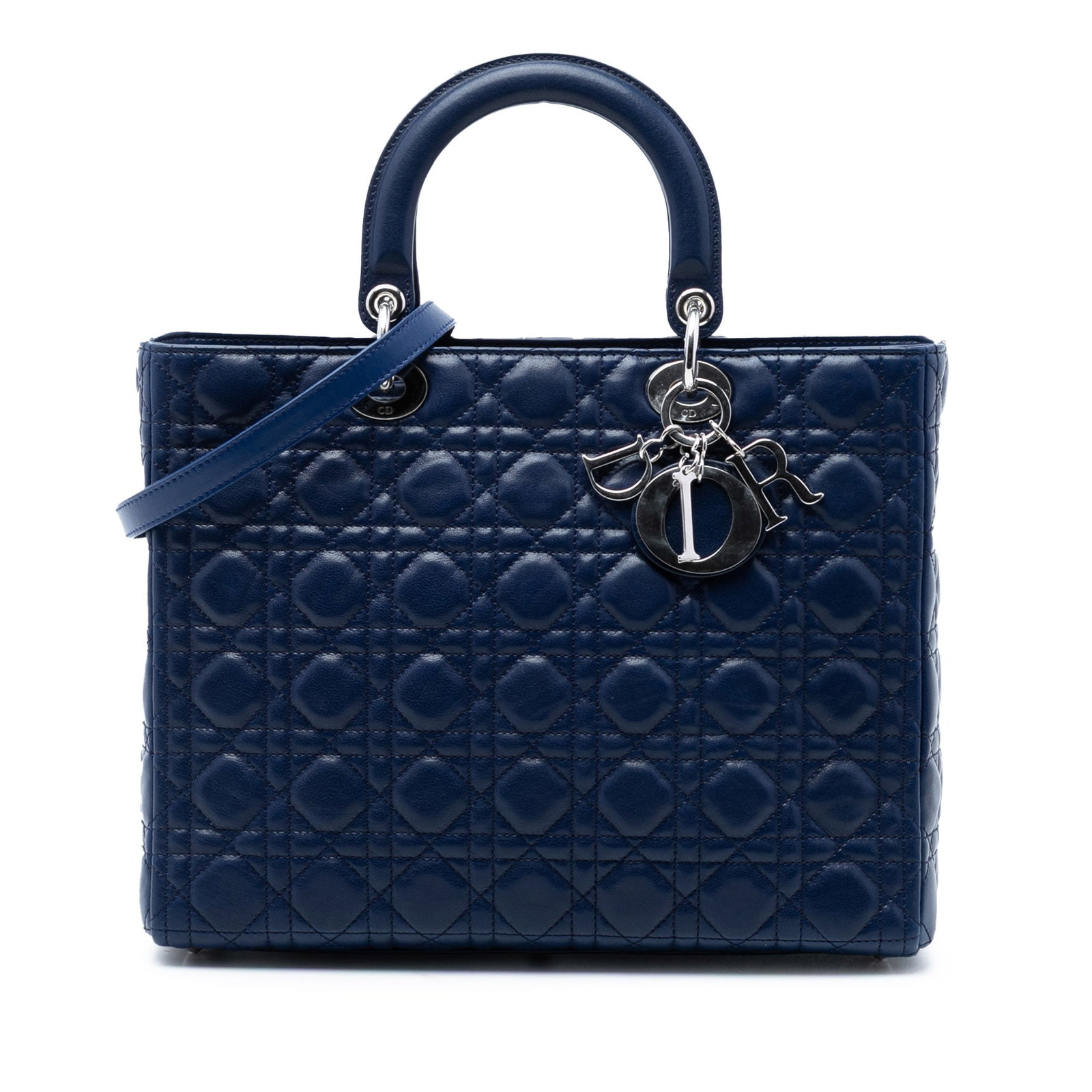 Dior Lady Dior Large Blue Lambskin Cannage Bag: Dior Lady Dior Large Blue Lambskin Cannage Bag This Lady Dior bag showcases a quilted lambskin leather body in blue, complemented by flat leather top handles and a detachable flat leather shoulder str